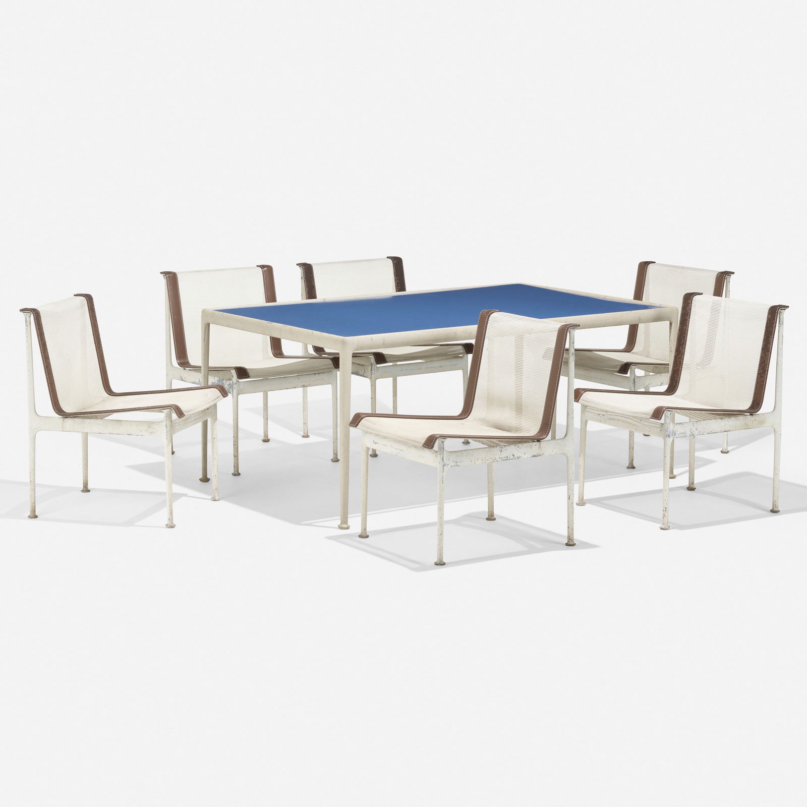 Richard Schultz, Dining set: Richard Schultz Dining set Knoll InternationalUSA, 1966 / c. 1970enameled aluminum, enameled steel, nylon, leather table: 26.25 h × 60 w × 38 d in (67 × 152 × 97 cm)<