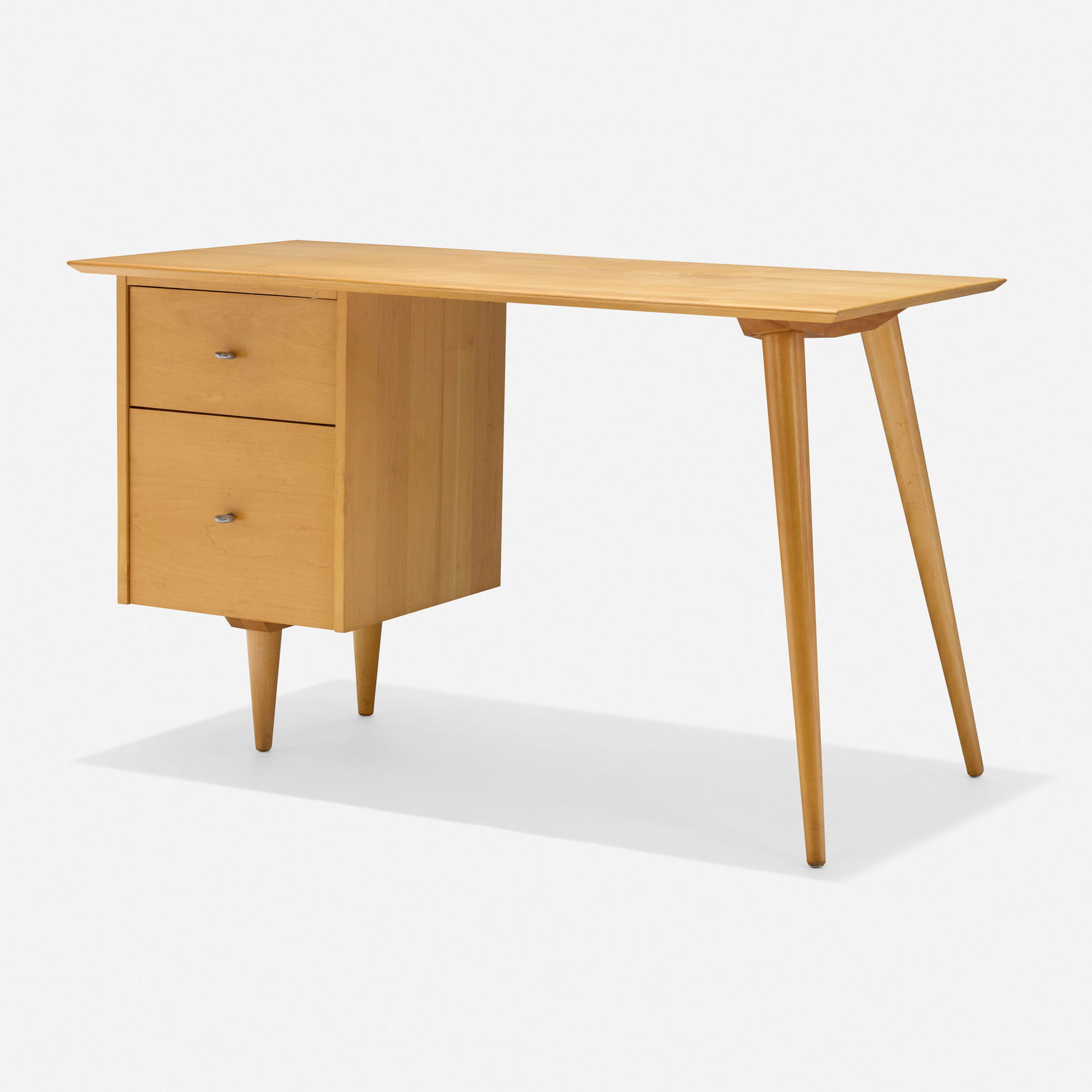 Paul McCobb, Planner Group desk, model 1560: Paul McCobb Planner Group desk, model 1560 WinchendonUSA, 1953maple, aluminum 29.25 h × 48 w × 24.25 d in (74 × 122 × 62 cm) Desk features two drawers. Branded