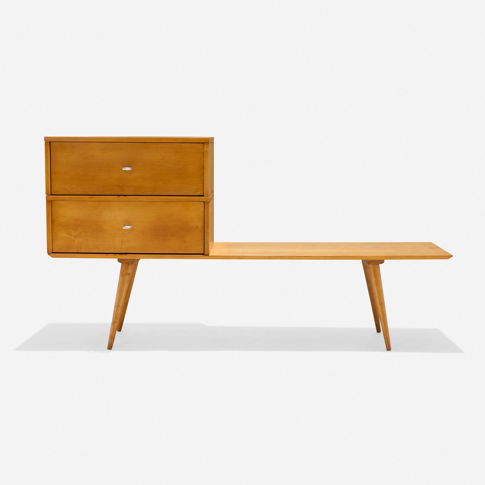 Paul McCobb, Planner Group bench with cabinets: Paul McCobb Planner Group bench with cabinets WinchendonUSA, c. 1950maple, aluminum bench: 15 h × 60 w × 18 d in (38 × 152 × 46 cm) cabinet: 8.5 h × 24 w &ti