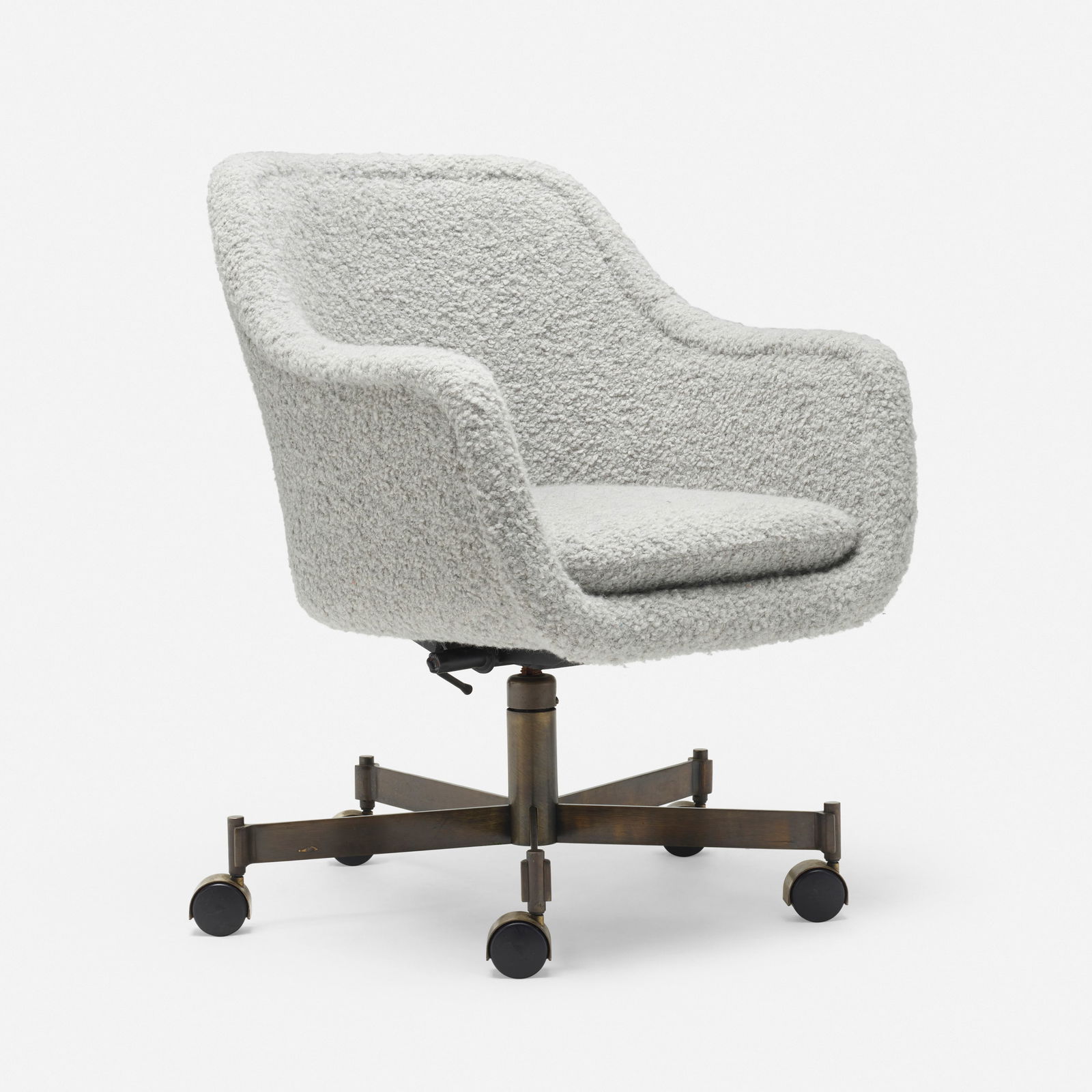 Ward Bennett, Swivel desk chair: Ward Bennett Swivel desk chair Brickel Associates Inc.USA, c. 1970upholstery, patinated steel, plastic 34 h × 27 w × 28 d in (86 × 69 × 71 cm)