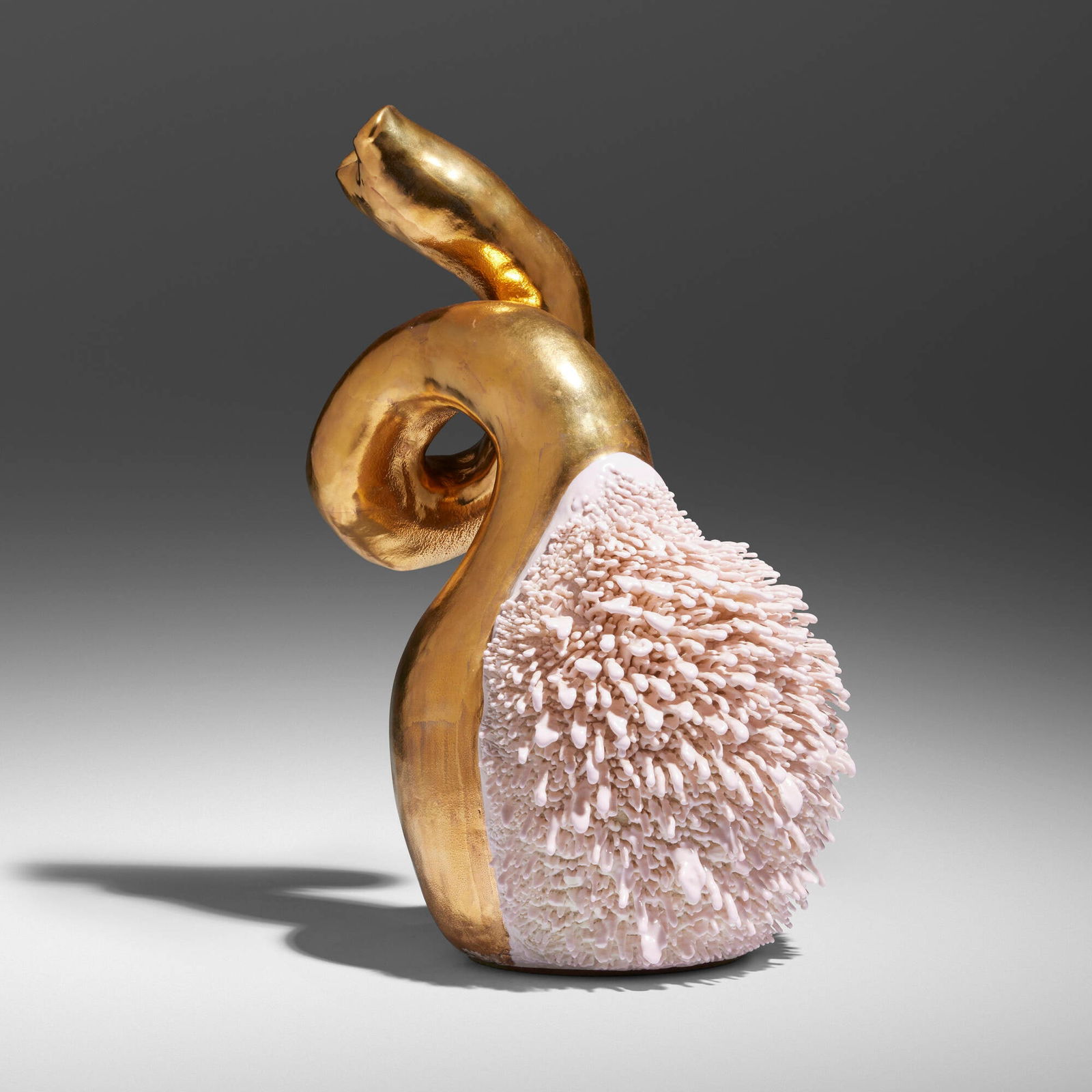 The Haas Brothers, Dong Accretion Vase: The Haas Brothers Dong Accretion Vase 2014glazed porcelain, brass plate 16 h x 12 w x 8 d in (41 x 30 x 20 cm) Impressed signature and date to underside 'The Haas Brothers 2014'.