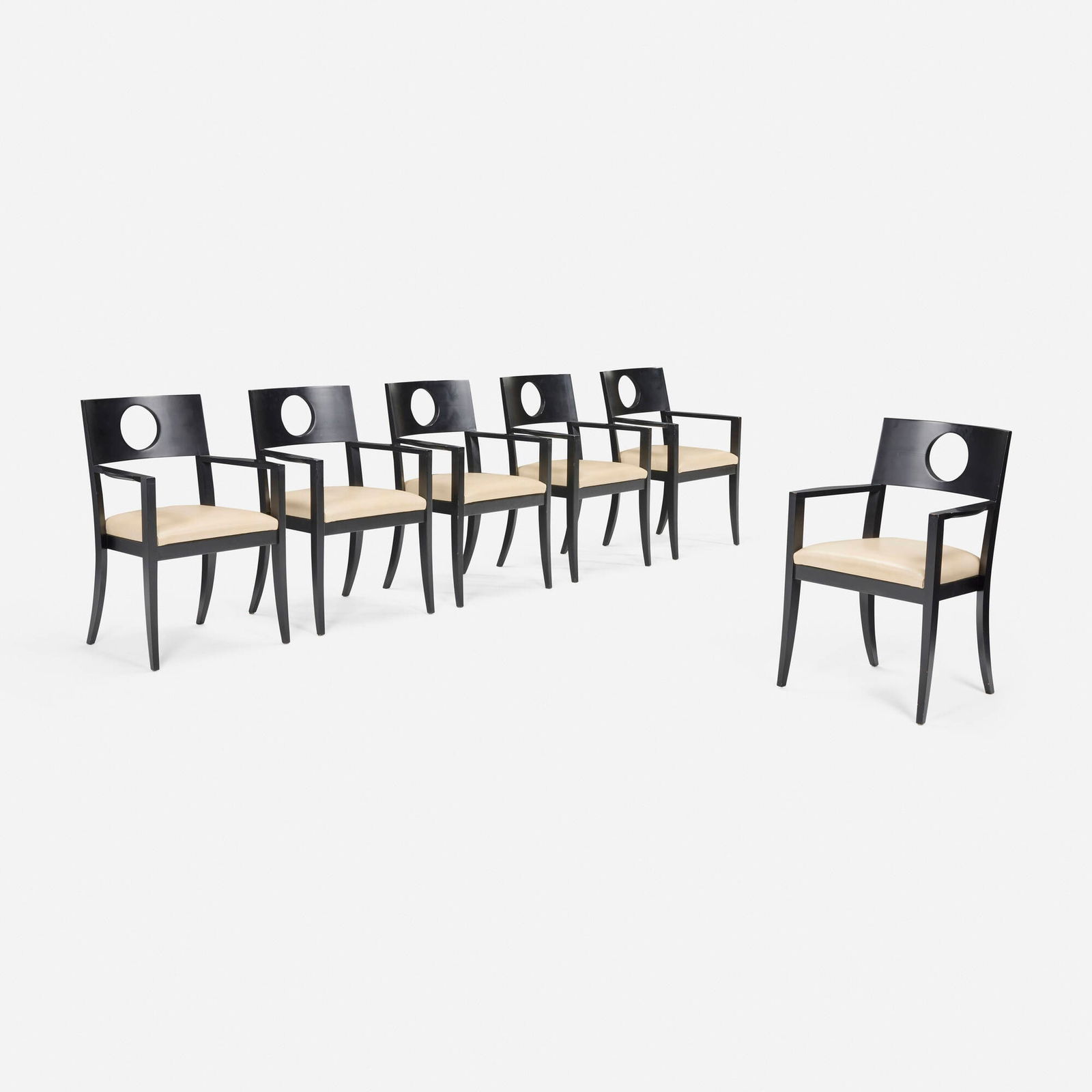 Michael Graves, Oculus chairs, set of six: Michael Graves Oculus chairs, set of six Atelier InternationalUSA, 1989lacquered wood, faux leather 34.5 h x 23 w x 20 d in (88 x 58 x 51 cm) Literature: Michael Grav