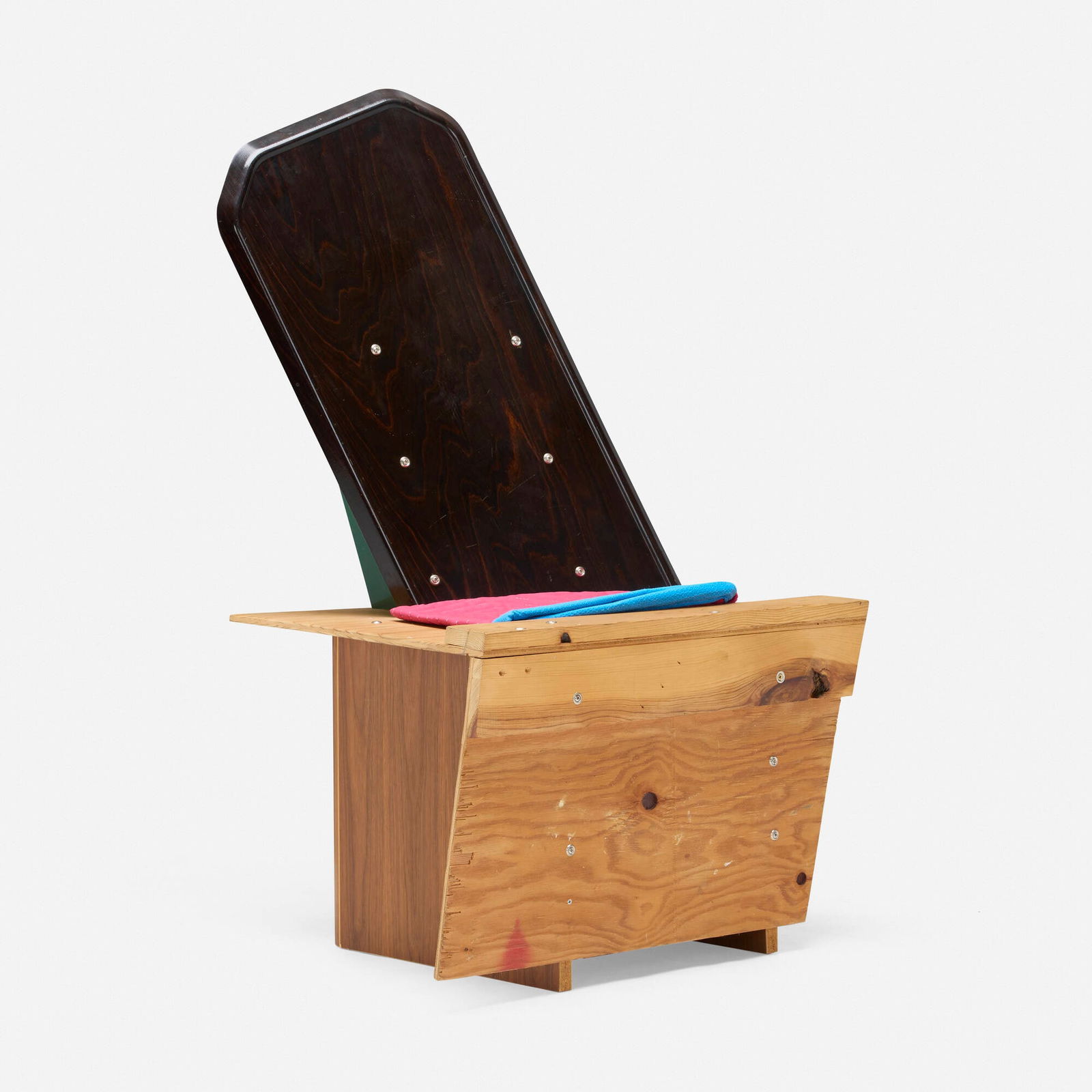 Martino Gamper, Olivia chair: Martino Gamper Olivia chair Italy, 2008recycled shipping crate plywood and pine, repurposed furniture parts, recycled moving blanket, steel 42.25 h x 27 w x 25 d in (107 x 69 x 63 cm) Signed t