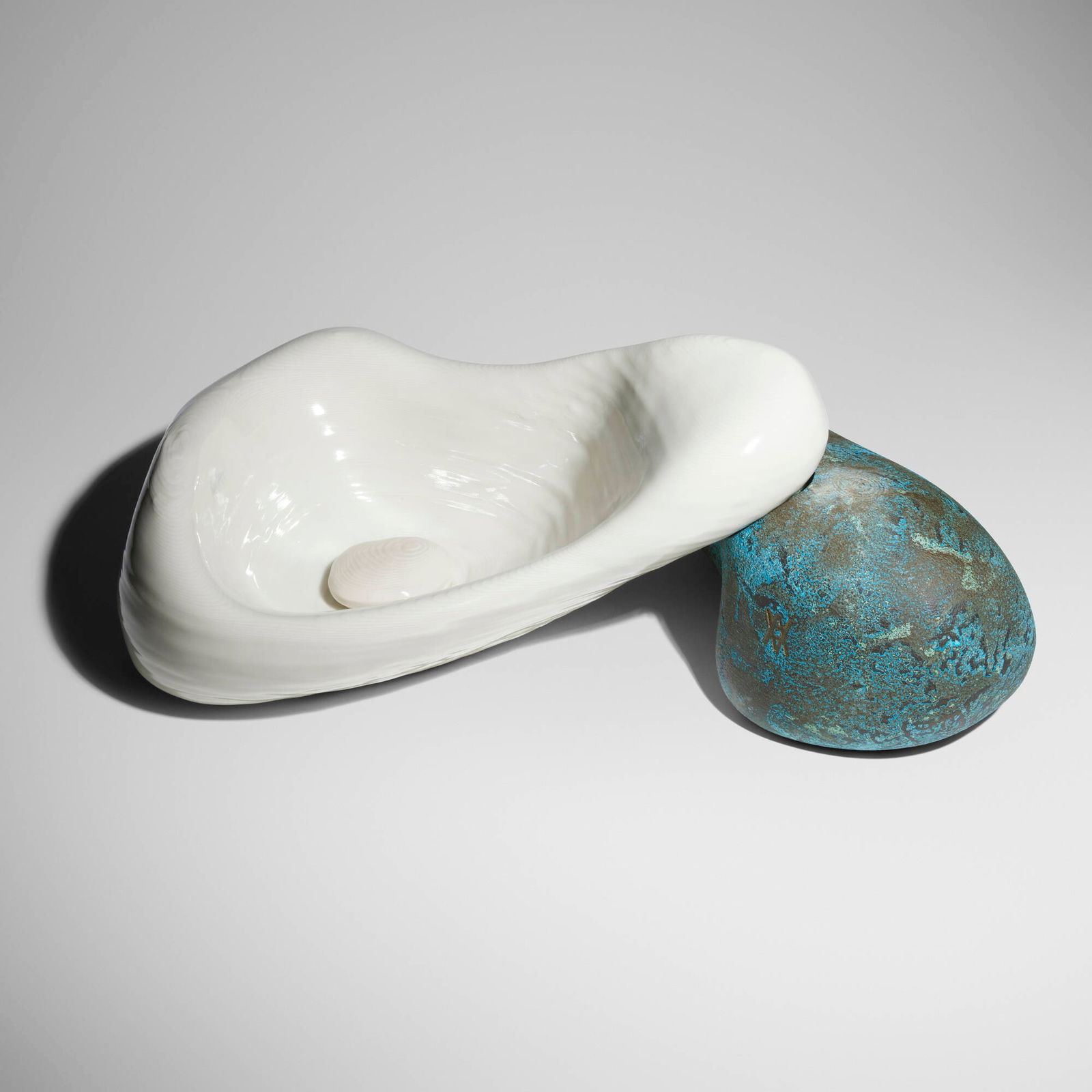 Daniel Arsham, Rock.01 sink: Daniel Arsham Rock.01 sink KohlerUSA, 20213D-printed vitreous china and patinated hand-cast brass 8.75 h x 24 w x 15 d in (22 x 61 x 38 cm) Printed manufacturer's mark to interior of sin