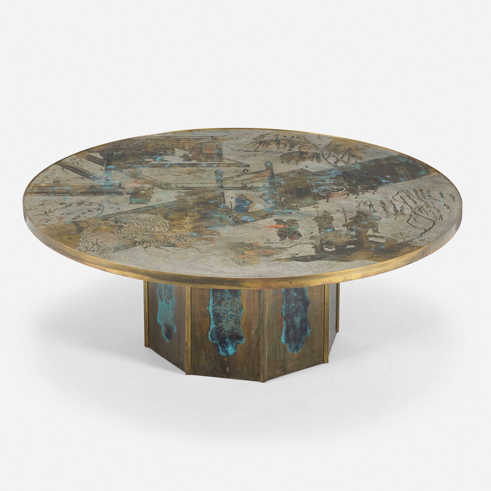 Philip and Kelvin LaVerne, Chan coffee table: Philip and Kelvin LaVerne Chan coffee table USA, c. 1965 acid-etched and patinated brass, pewter 17.5 h x 47.75 dia in (44 x 121 cm) Acid-etched signature to tabletop 'Philip Kelvin LaVerne'.