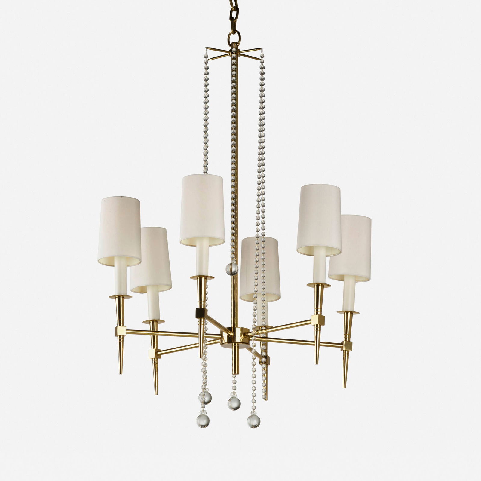 Tommi Parzinger, Chandelier: Tommi Parzinger Chandelier Parzinger OriginalsUSA, c. 1955brass, patinated brass, silk, glass, enameled aluminum 33 h x 29 dia in (84 x 74 cm) Provenance: Rago, Moder