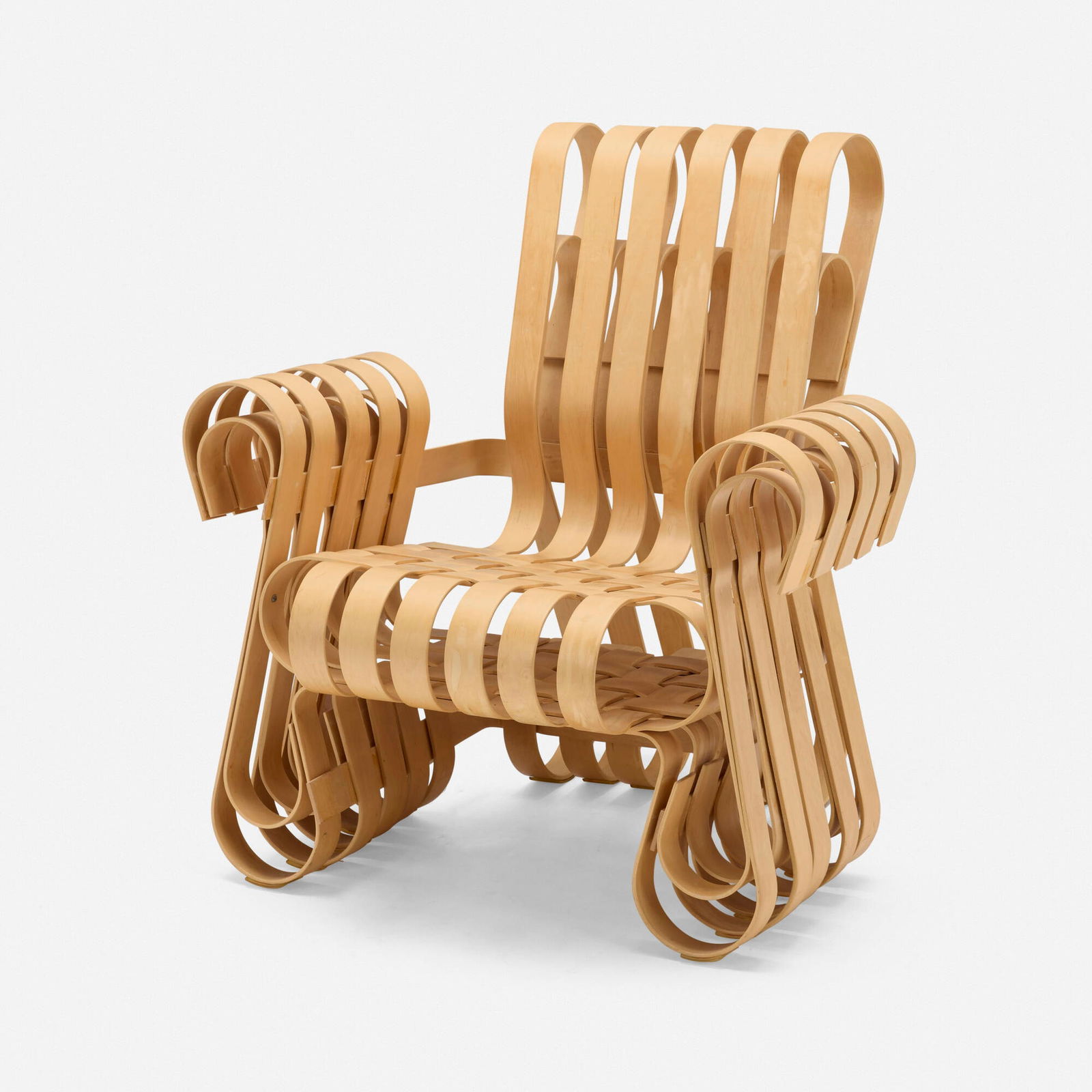 Frank Gehry, Power Play lounge chair: Frank Gehry Power Play lounge chair KnollStudioCanada/USA, 1990 / 1994laminated maple 32.5 h x 32 w x 31 d in (83 x 81 x 79 cm) Branded signature and date to underside 'Frank Gehry Knoll
