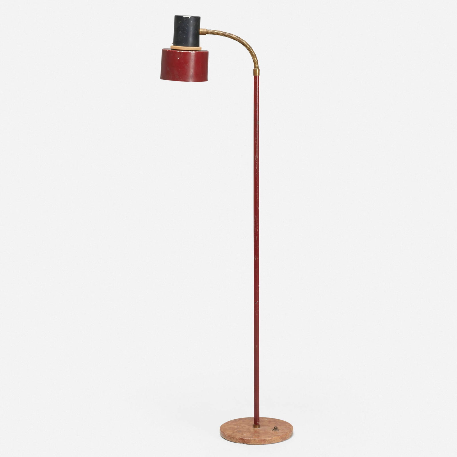 Stilnovo, Floor lamp: Stilnovo Floor lamp Italy, c. 1965 enameled steel and aluminum, brass-plated steel, wood, terrazzo 56 h x 9 w x 14 d in (142 x 23 x 36 cm) Decal manufacturer's label to interior of shade 'Stiln