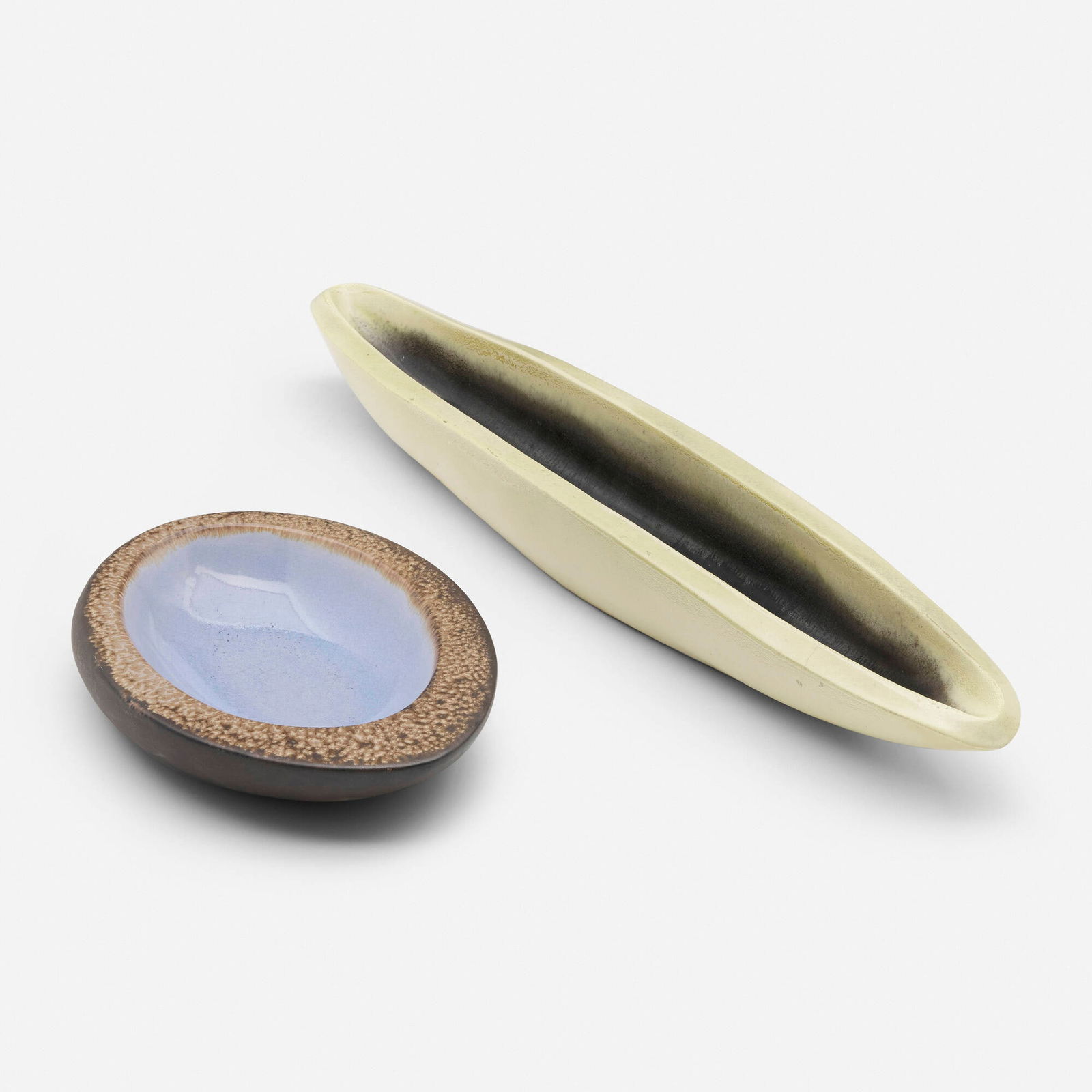 Russel Wright, Bowls, set of two: Russel Wright Bowls, set of two BauerUSA, c. 1945glazed stoneware 2.75 h x 24 w x 4.5 d in (7 x 61 x 11 cm) 2 h x 10.5 w x 7.5 d in (5 x 27 x 19 cm) Incised number to underside of one