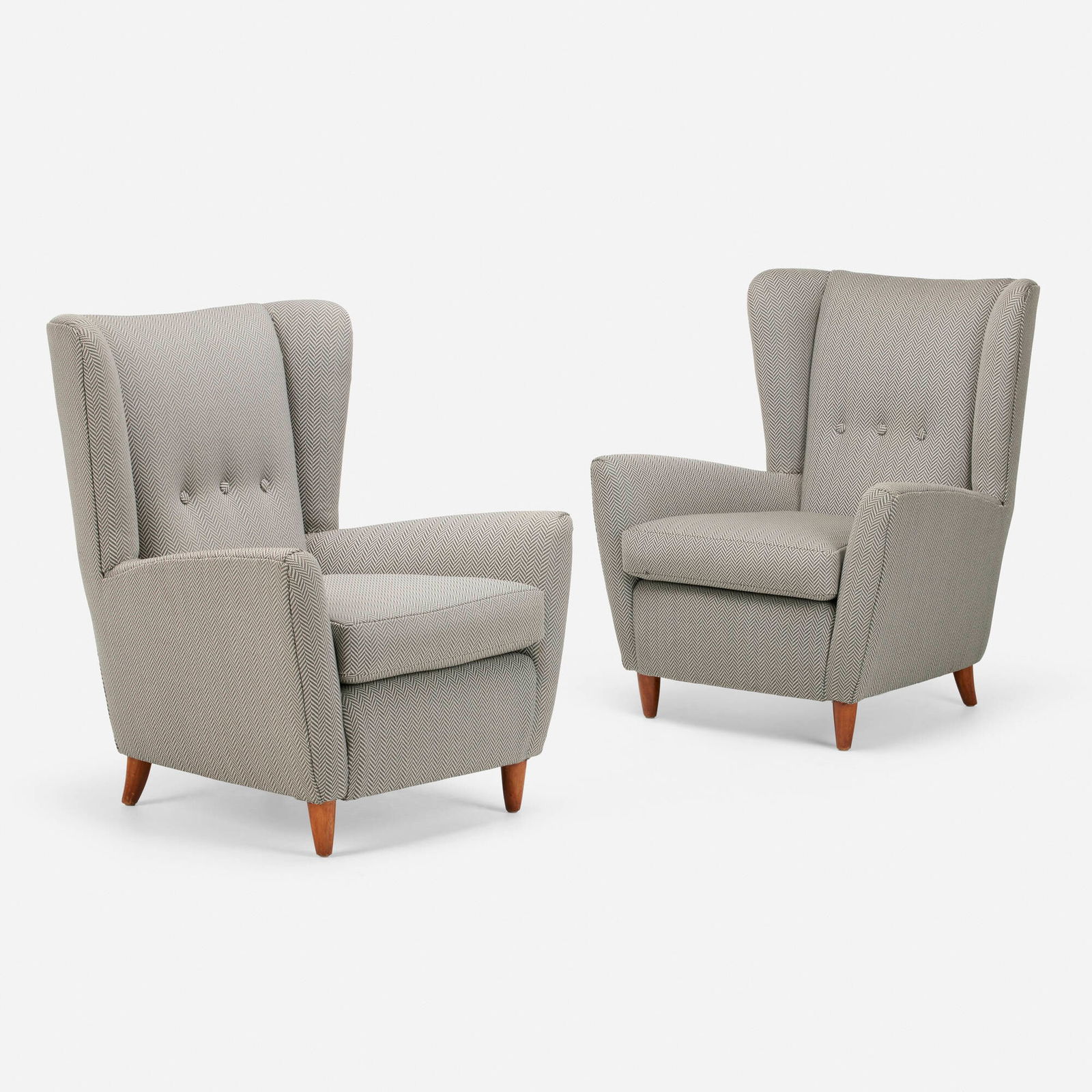 Paolo Buffa, attribution, Wingback chairs, pair: Paolo Buffa, attribution Wingback chairs, pair Italy, c. 1950upholstery, walnut 34 h x 29 w x 30 d in (86 x 74 x 76 cm) This work will ship from Lambertville, New Jersey.