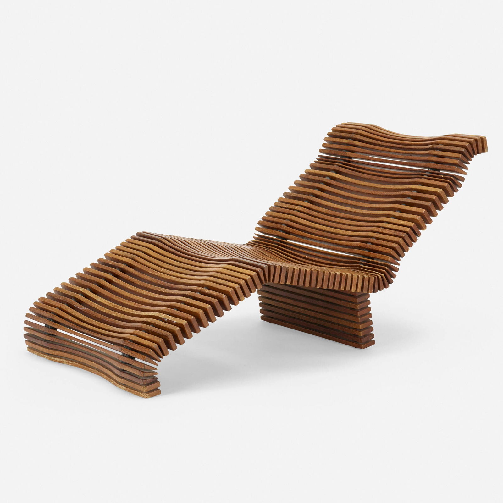Pacific Green Furniture, Hawaiian chaise lounge: Pacific Green Furniture Hawaiian chaise lounge USA, c. 1985palmwood, rubber, brass 31 h x 64 w x 33.5 d in (79 x 163 x 85 cm) Provenance: Private Collection, New York