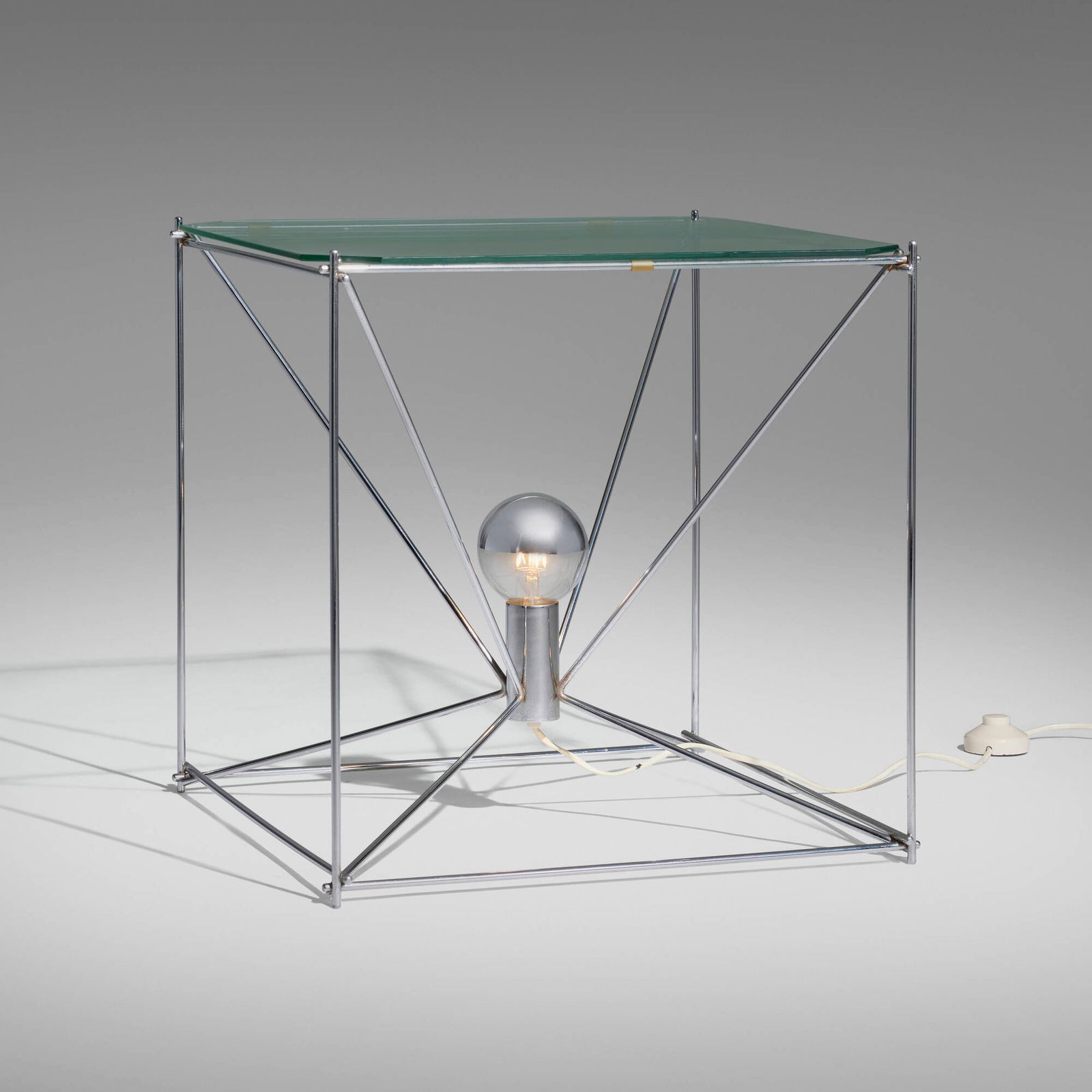 Max Sauze, Illuminated occasional table: Max Sauze Illuminated occasional table France, c. 1965chrome-plated steel, glass 19.625 h x 19.75 w x 19.75 d in (50 x 50 x 50 cm) This work will ship from Chicago, Illinois.