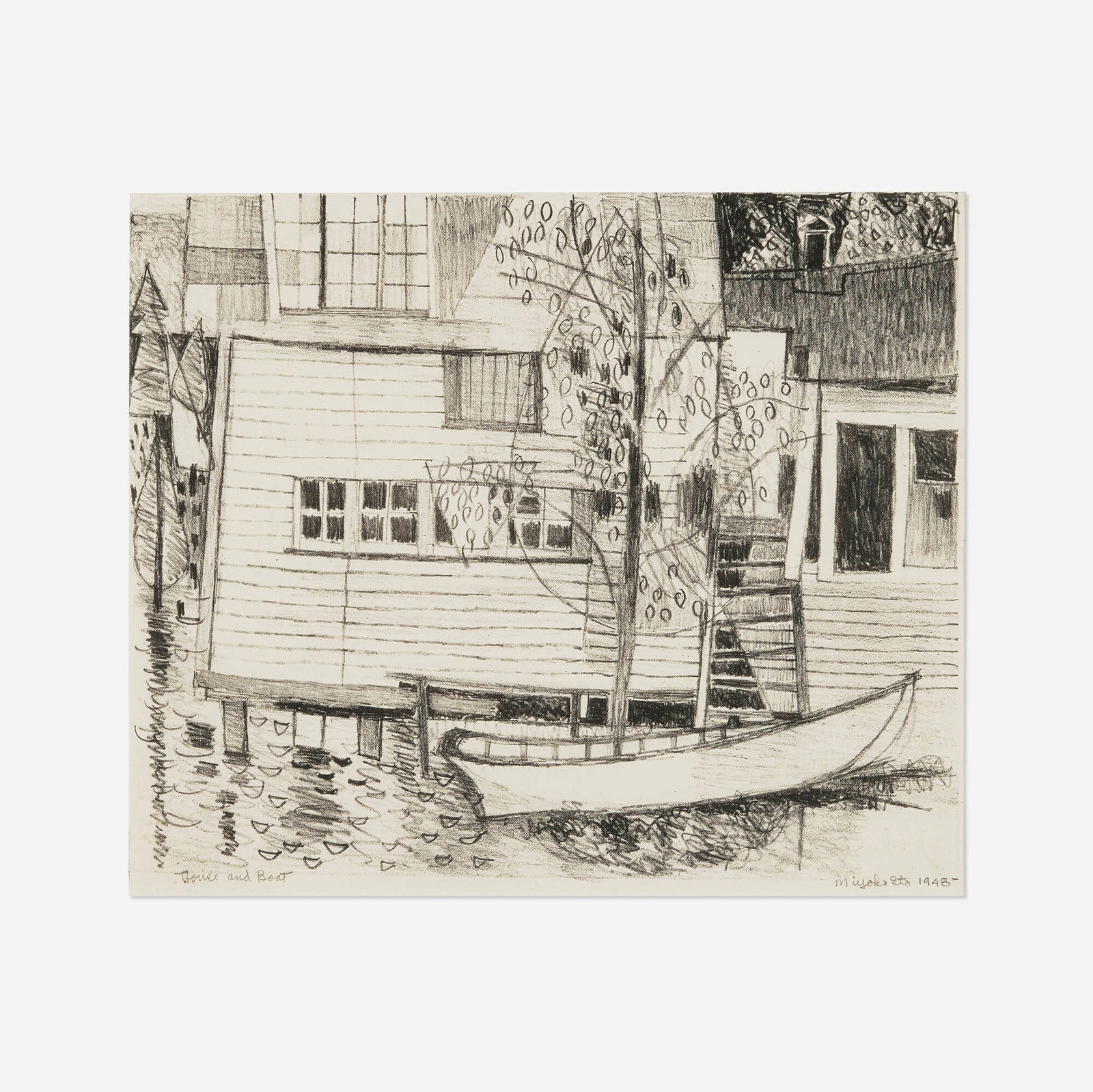 Miyoko Ito, House and Boat: Miyoko Ito House and Boat 1948lithograph on paper image: 7.75 h x 9.75 w in (20 x 25 cm) sheet: 9.75 h x 11.5 w in (25 x 29 cm) Signed, titled and dated to lower margin 'House and Boat Miyo