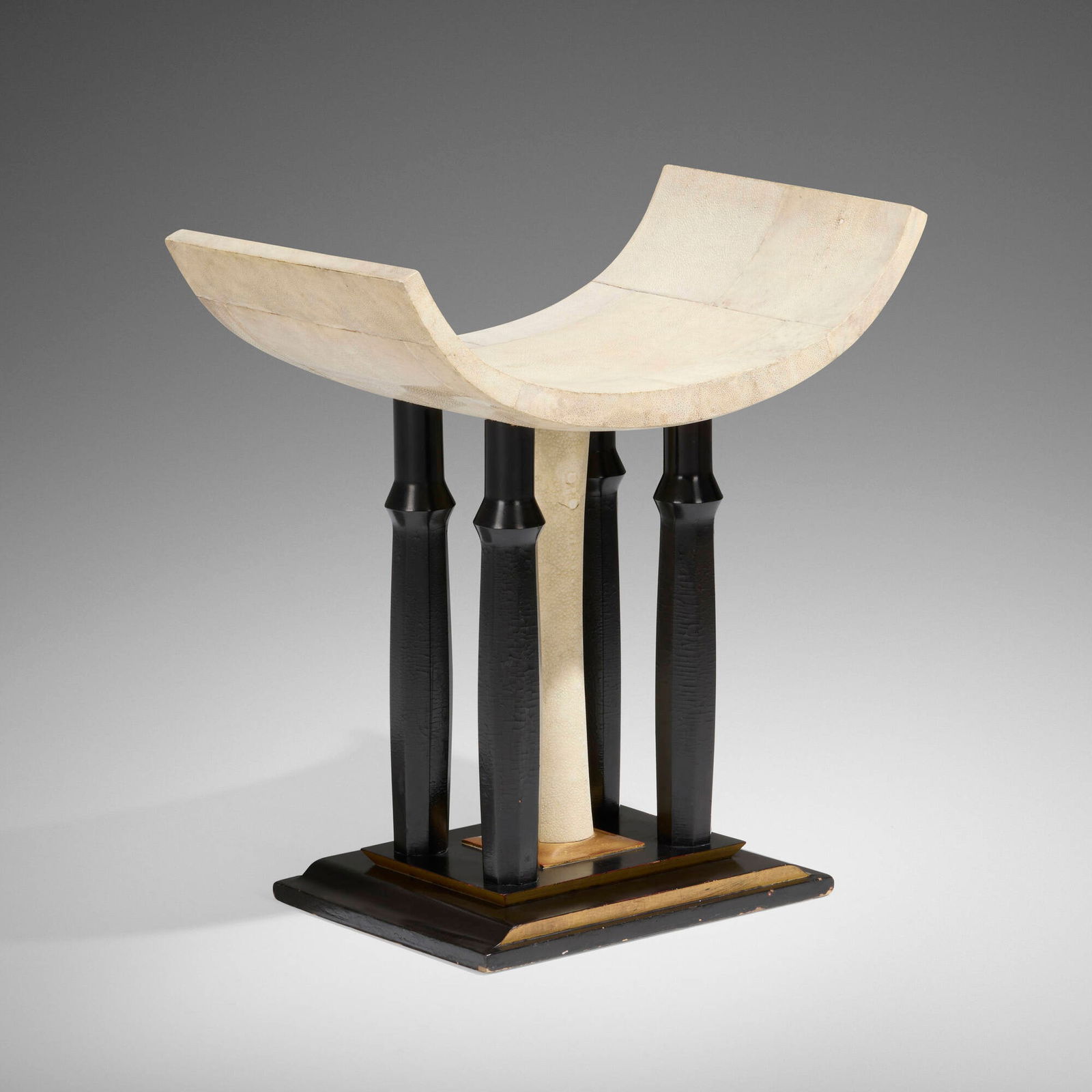 Pierre Legrain, attribution, Tabouret: Pierre Legrain, attribution Tabouret France, c. 1925lacquered and gilt wood, shagreen 21.5 h x 21 w x 11.75 d in (55 x 53 x 30 cm) Literature: Art Deco Furniture, Dunca