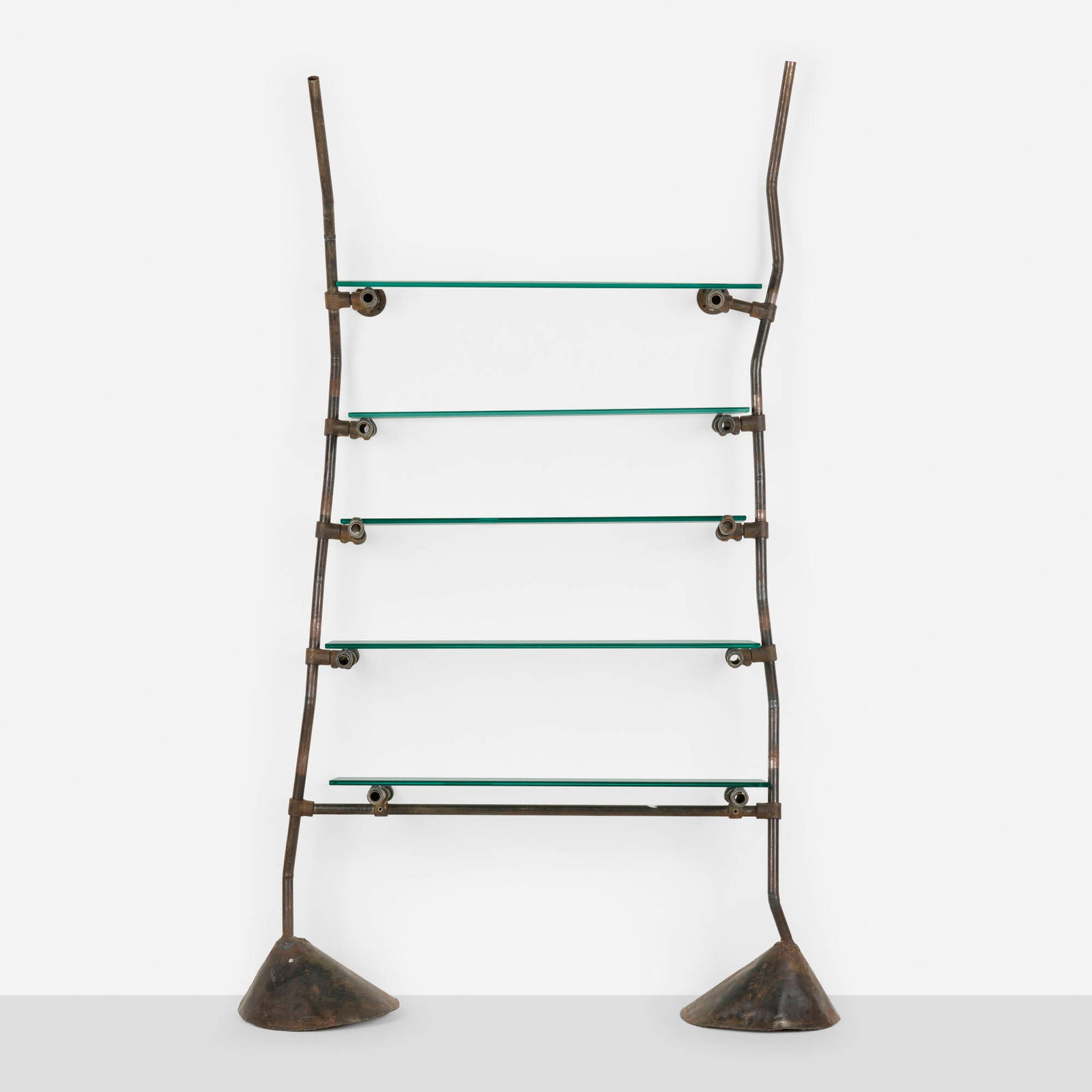 Ron Arad, Unique and Custom shelf from Bazaar, London: Ron Arad Unique and Custom shelf from Bazaar, London One OffUnited Kingdom, 1984patinated steel, cast iron, glass, steel 88 h x 55 w x 16 d in (224 x 140 x 41 cm) Unit features five adju