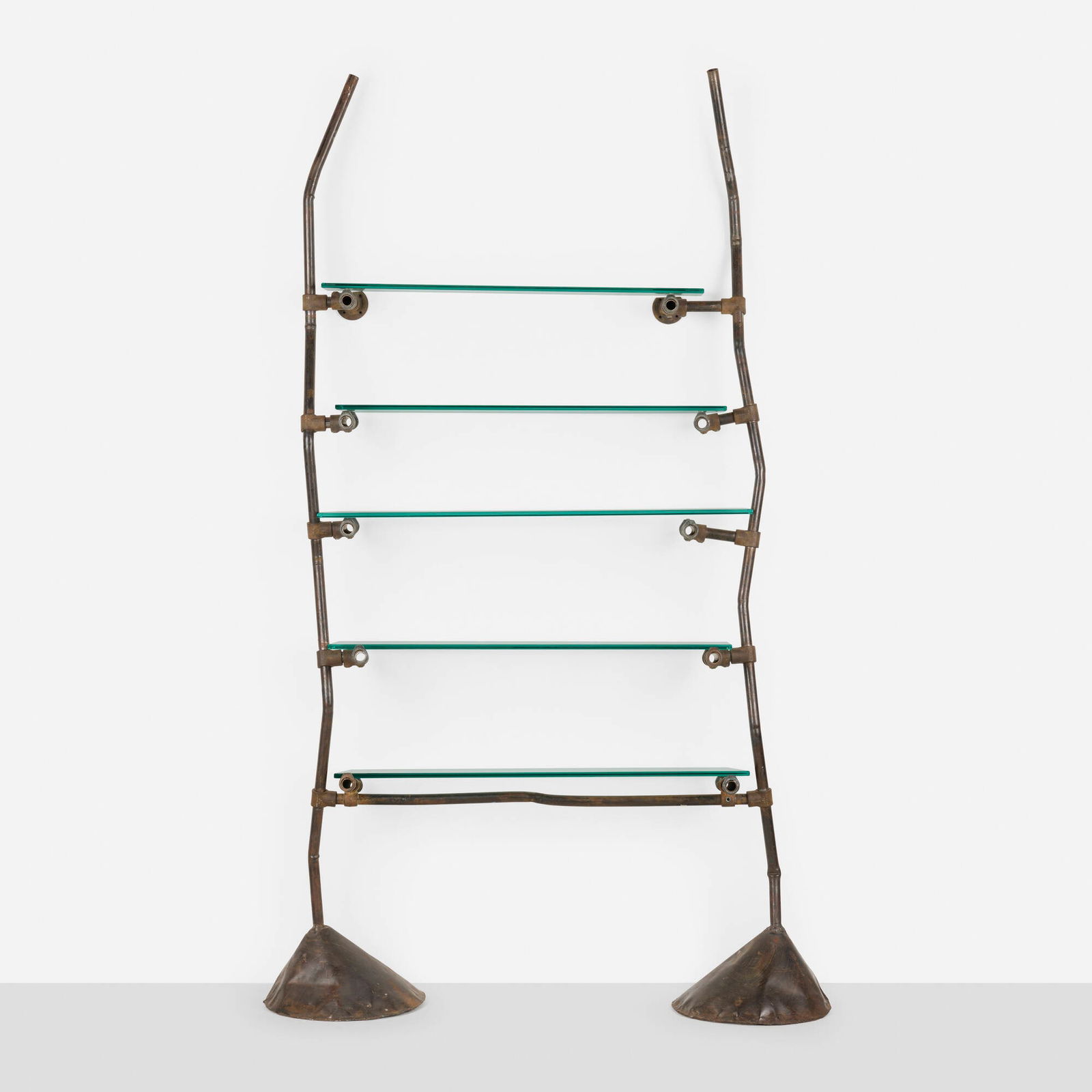 Ron Arad, Unique and Custom shelf from Bazaar, London: Ron Arad Unique and Custom shelf from Bazaar, London One OffUnited Kingdom, 1984patinated steel, cast iron, glass, steel 88.5 h x 53.5 w x 18 d in (225 x 136 x 46 cm) Unit features five