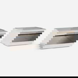 Joseph D'Urso, Low rolling tables model 6048T, pair: Joseph D'Urso Low rolling tables model 6048T, pair Knoll InternationalUSA, 1981 / 1992stainless steel, safety glass 16.5 h x 26.75 w x 26.75 d in (42 x 68 x 68 cm) Paper manufacturer's l