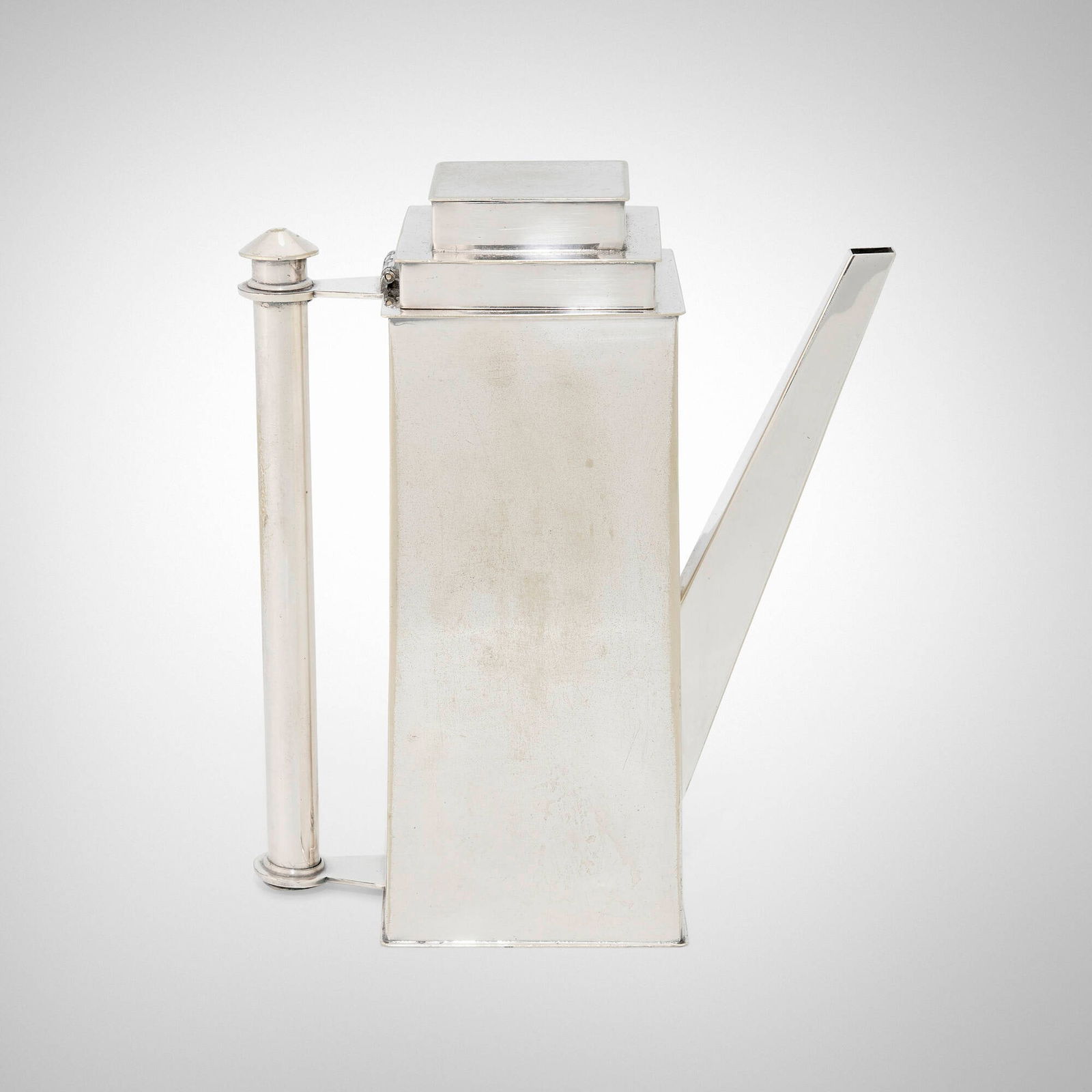 Louis W. Rice, Skyscraper coffee pot: Louis W. Rice Skyscraper coffee pot Bernard Rice's SonsUSA, c. 1928electroplated nickel silver 9.25 h x 8.25 w x 3.875 d in (23 x 21 x 10 cm) Impressed manufacturer's mark to underside '