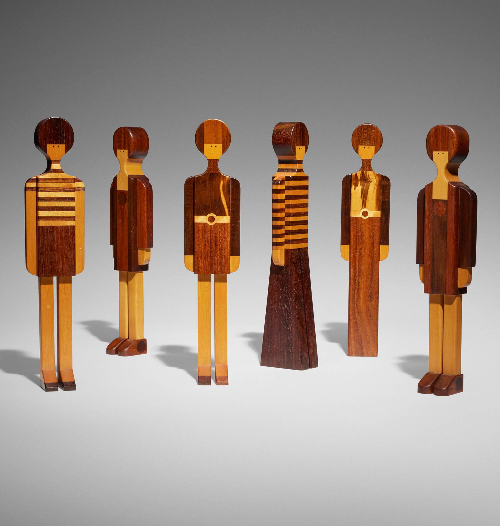 Pamela Weir-Quiton, Pamela Girls, set of six: Pamela Weir-Quiton Pamela Girls, set of six USA, c. 1965walnut, vermilion, silver gray hardwood, maple, ebony smallest: 14.25 h x 3.5 w x 2 d in (36 x 9 x 5 cm) largest: 14.5 h x 3.25 w x 3 d in (