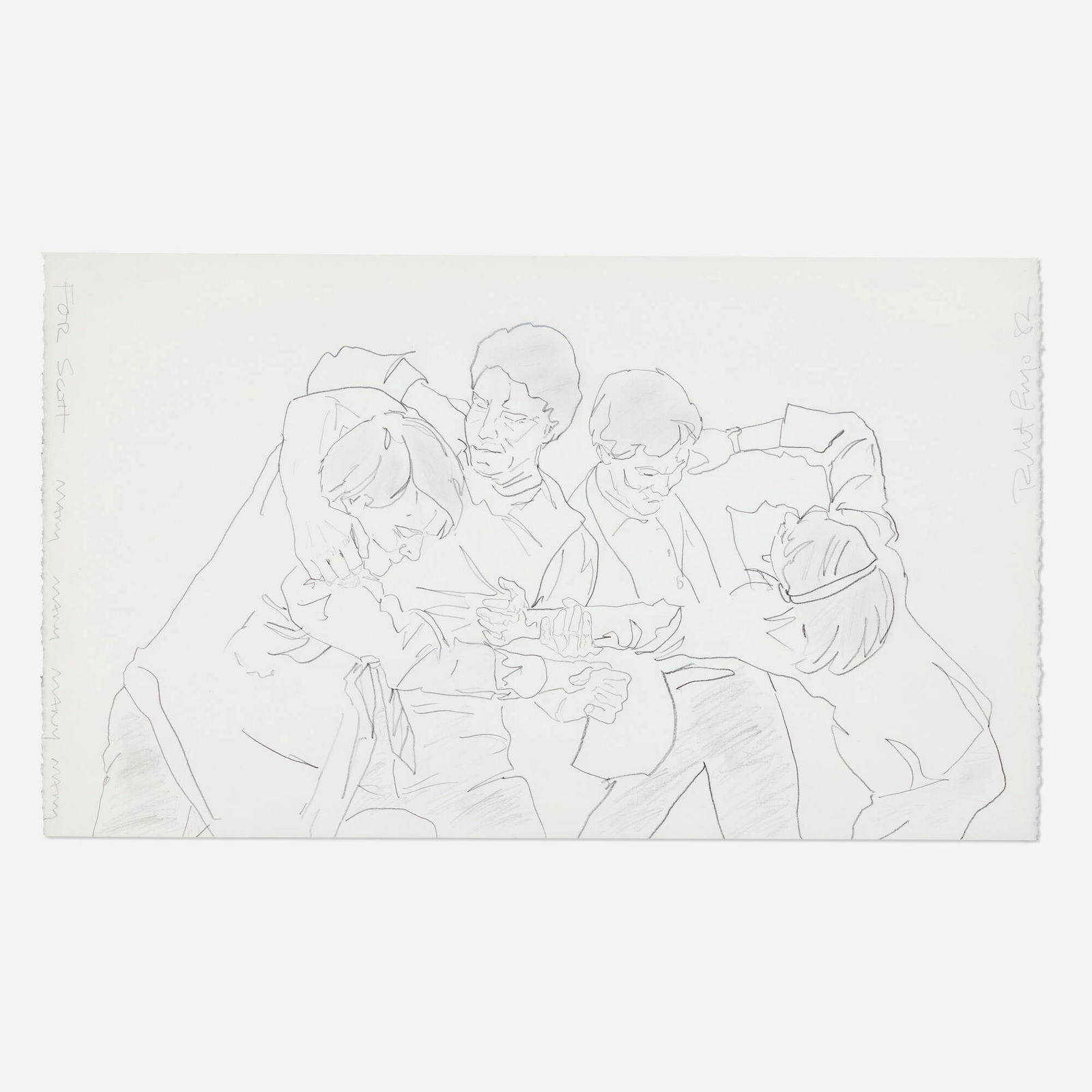 Robert Longo, Untitled (Study for Men in the Cities): Robert Longo Untitled (Study for Men in the Cities) 1982graphite on paper 17.75 h x 30.50 w in (45 x 77 cm) Signed and dated to upper right 'Robert Longo 82'. Inscribed to left edge 'For Scott