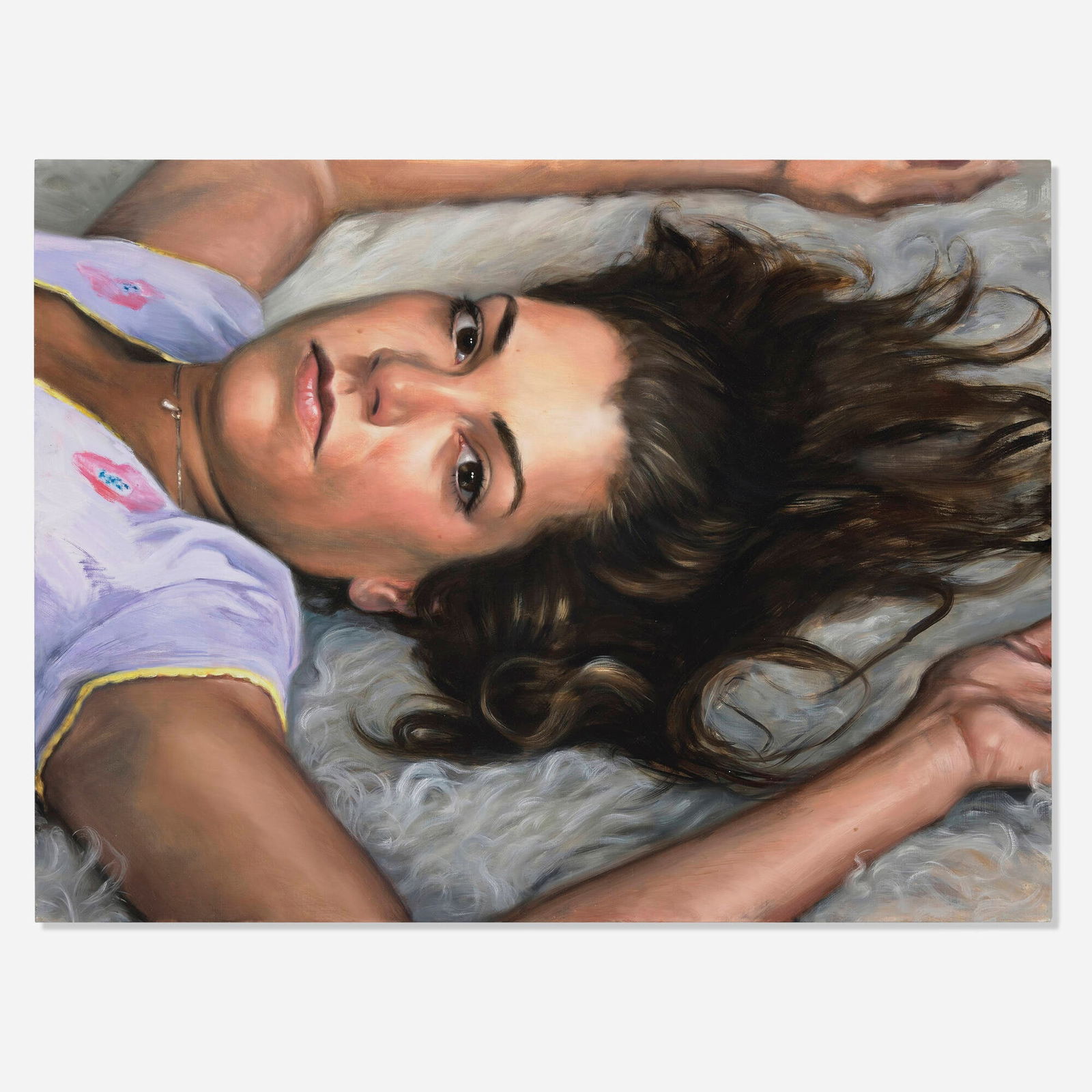 Delia Brown, Jenny (from the Friends on Flokati series): Delia Brown Jenny (from the Friends on Flokati series) 2005oil on linen 18 h x 24 w x 1.625 d in (46 x 61 x 4 cm) Signed and dated to verso 'Delia M Brown 2005'. Provenance: