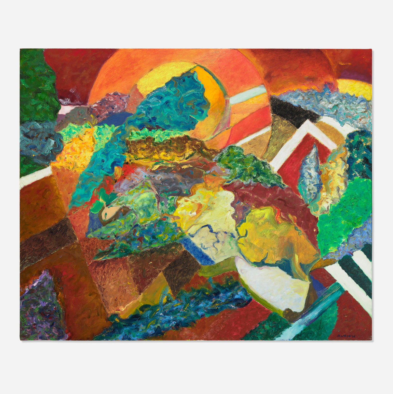 Morris Barazani, Red Morning: Morris Barazani Red Morning 2000oil on canvas 38 h x 46 w in (97 x 117 cm) Signed to lower right 'Barazani'. Signed, titled and dated to verso 'Barazani 2000 July Red Morning'.