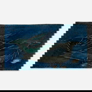 Rut Bryk, Wall plaque: Rut Bryk Wall plaque Finland, c. 1955glazed stoneware 7.375 h x 13.25 w x .75 d in (19 x 34 x 2 cm) Incised signature and number to reverse 'Bryk 1'. Glazed signature and number to reverse 'Br