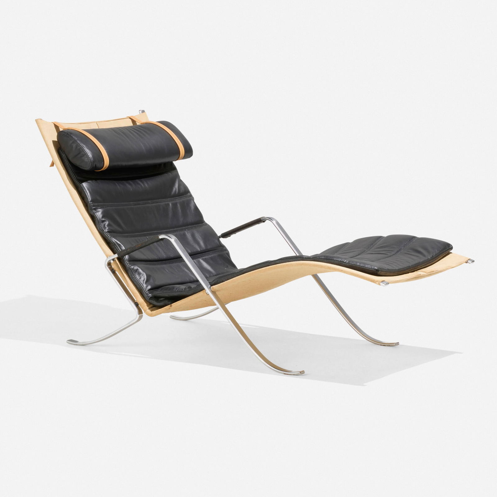 Preben Fabricius and Jorgen Kastholm, Grasshopper chaise lounge: Preben Fabricius and Jorgen Kastholm Grasshopper chaise lounge Alfred KillDenmark / Germany, c. 1968leather upholstery, chrome-plated steel, canvas, leather cord 32.5 h x 28.5 w x 57 d in (83 x