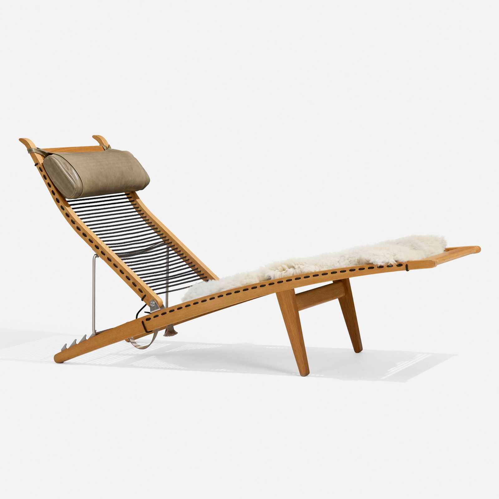 Hans J. Wegner, Chaise lounge: Hans J. Wegner Chaise lounge PP MoblerDenmark, 1958 / c. 2010oak, leather, steel, rope, aluminum, shearling 29 h x 75 w x 25 d in (74 x 190 x 63 cm) Literature: Hans