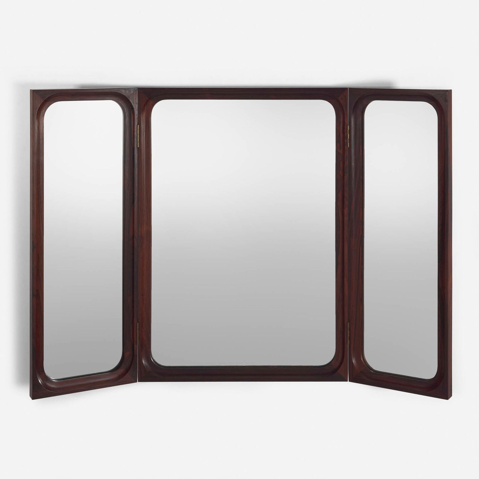 Frode Holm, Folding wall mirror: Frode Holm Folding wall mirror Denmark, c. 1955rosewood, mirrored glass, brass open: 23.375 h x 33.75 w x 1.5 d in (59 x 86 x 4 cm) This work will ship from Chicago, Illinois.