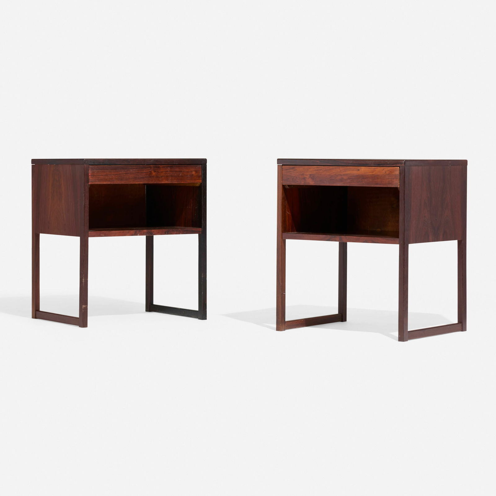 Svend Langkilde, Nightstands, pair: Svend Langkilde Nightstands, pair Langkilde MoblerDenmark, c. 1960rosewood 22 h x 19 w x 15.75 d in (56 x 48 x 40 cm) Nightstands each feature one drawer over open storage. Paper manufac