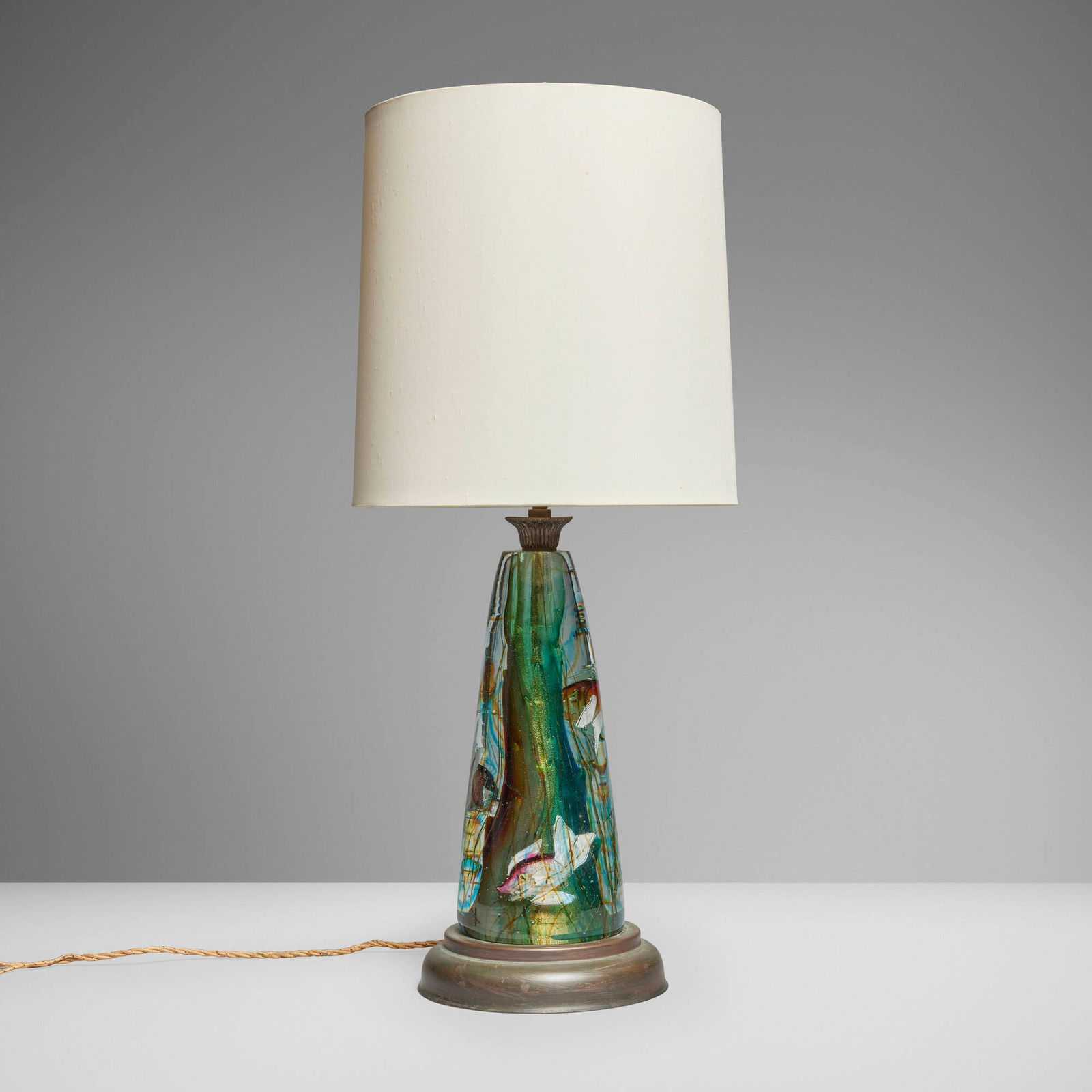 Gino Cenedese, Aquarium table lamp: Gino Cenedese Aquarium table lamp CenedeseItaly, c. 1960internally decorated glass, bronze, silk shade 27.25 h x 12 dia in (69 x 30 cm) This work will ship from Los Angeles,