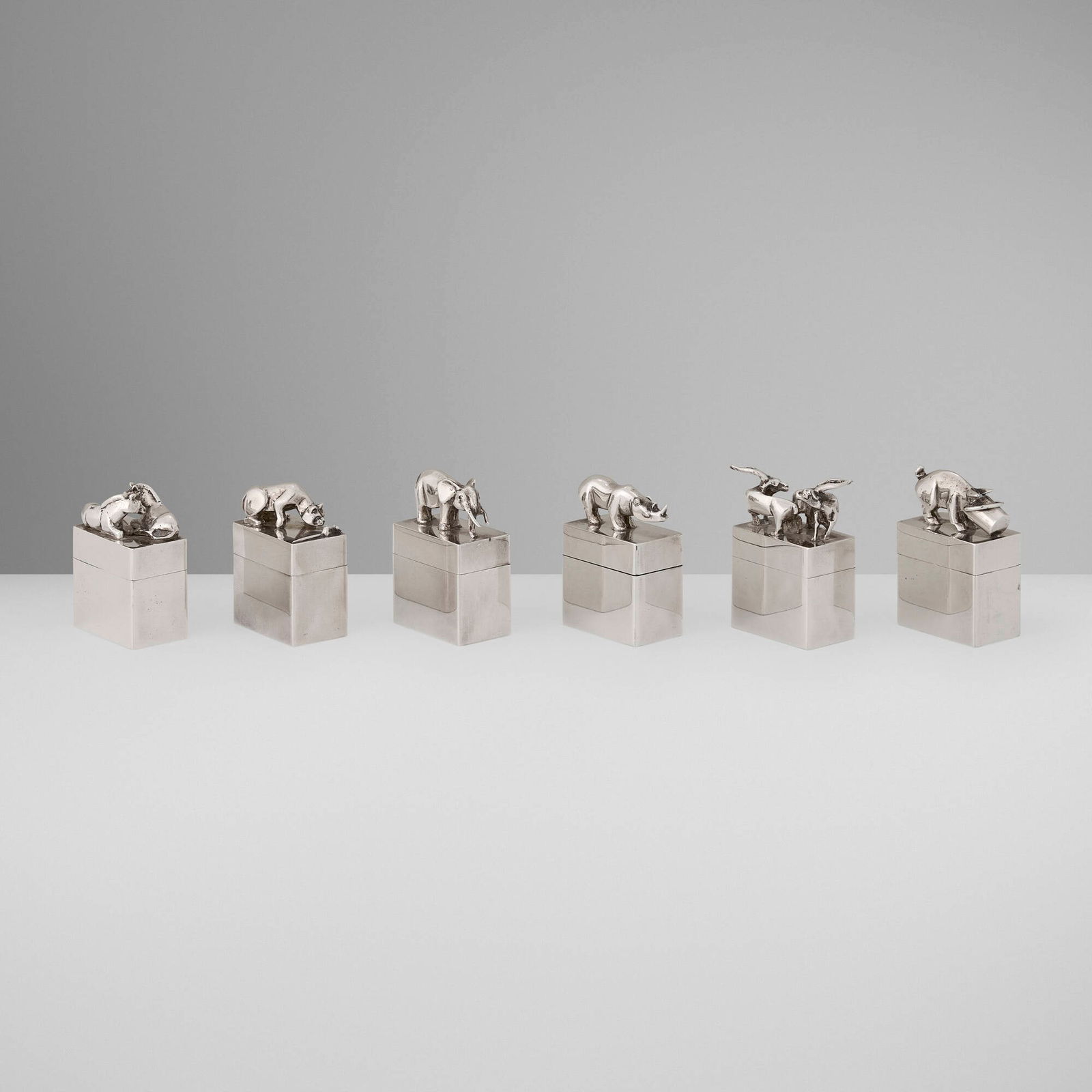 Derek T. Birch, Animal pill boxes, set of six: Derek T. Birch Animal pill boxes, set of six United Kingdom, 1977sterling silver parcel-gilt 1.875 h x 1.25 w x .75 d in (5 x 3 x 2 cm) Impressed maker's mark to underside of each example 'DB'