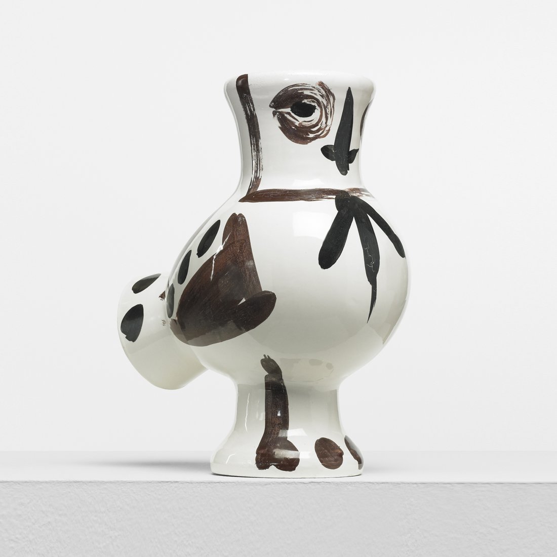 Pablo Picasso Wood-owl with Spots vase: Pablo Picasso Wood-owl with Spots vase Madoura Pottery Spain, 1951 glazed earthenware with knife engraved decoration 5.75 w x 8.5 d x 11 h inches This work is from the edition of 300. Signed with impr