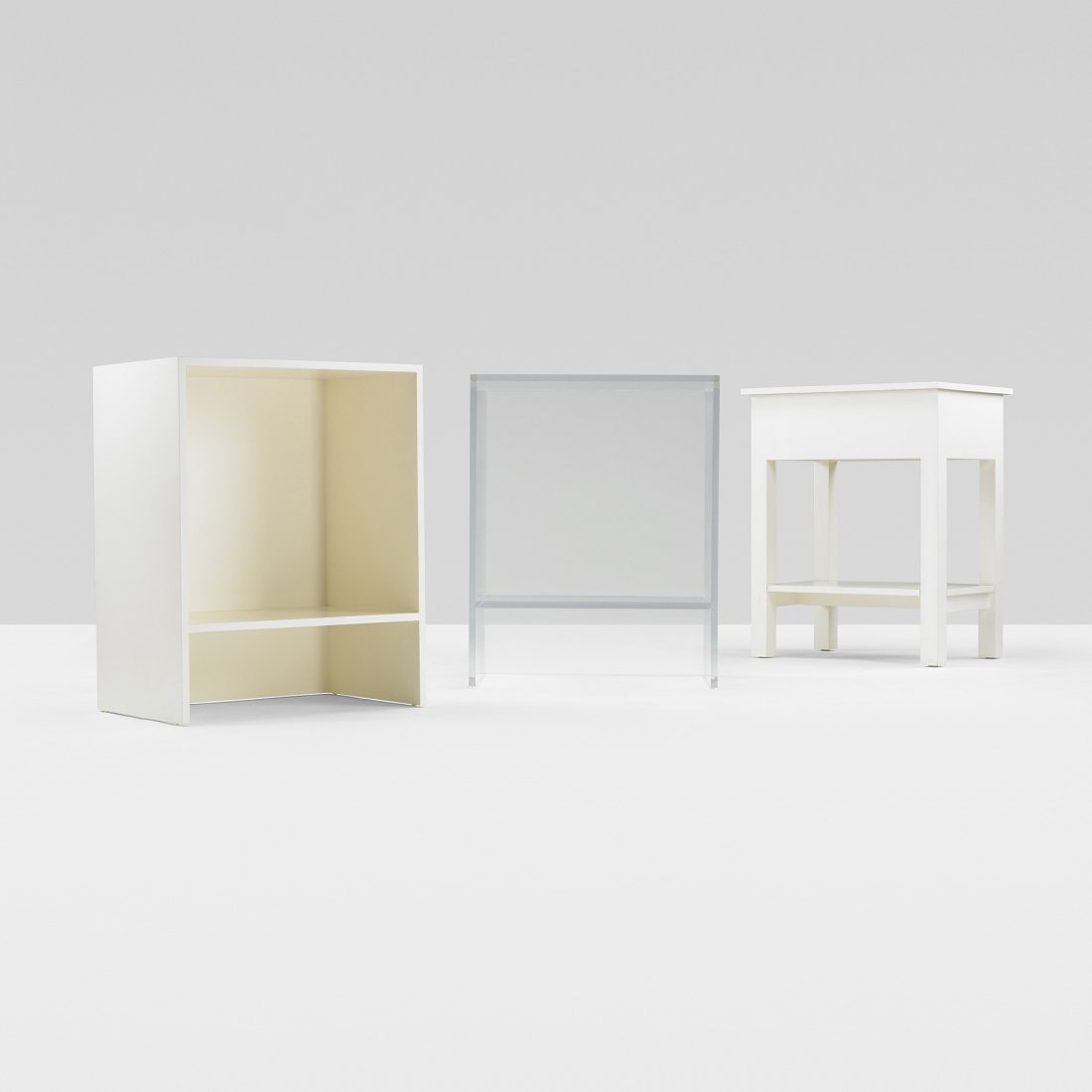 Roy McMakin untitled (set of three tables): Roy McMakin untitled (set of three tables) Domestic Furniture Company USA, 2001 lacquered wood, acrylic 26.75 w x 20 d x 33 h inches Additional tables measure: 25.5 w x 17.25 d x 32 h inches. Roy McMa