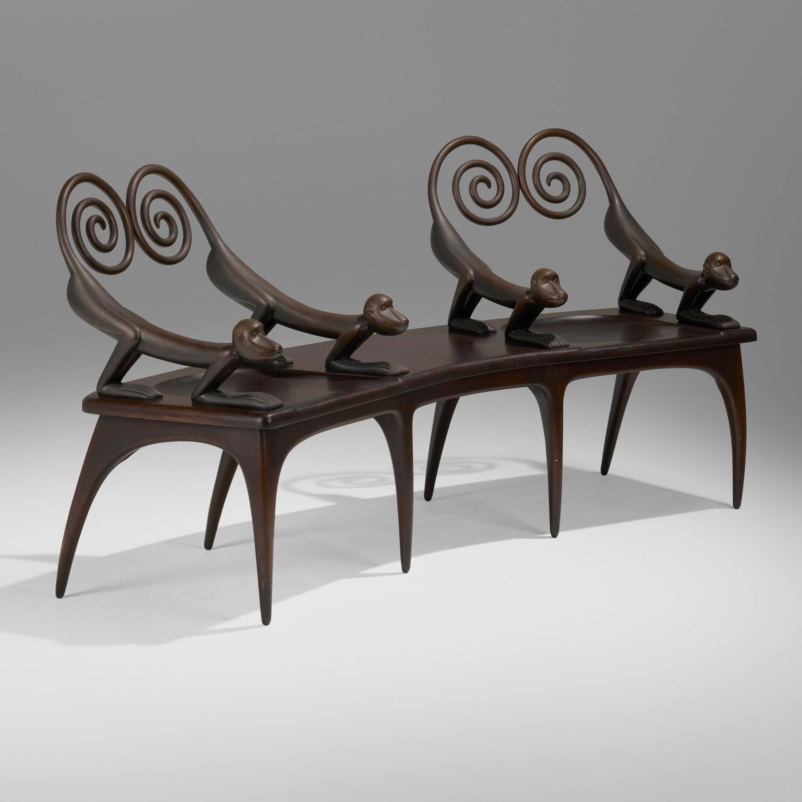 Judy Kensley McKie, Monkey settee: Judy Kensley McKie Monkey settee USA, 1994patinated bronze, walnut 35.25 h x 73 w x 21 d in (90 x 185 x 53 cm) Carved signature, date and number to underside 'C JKM 1994 10/12'. This work is n