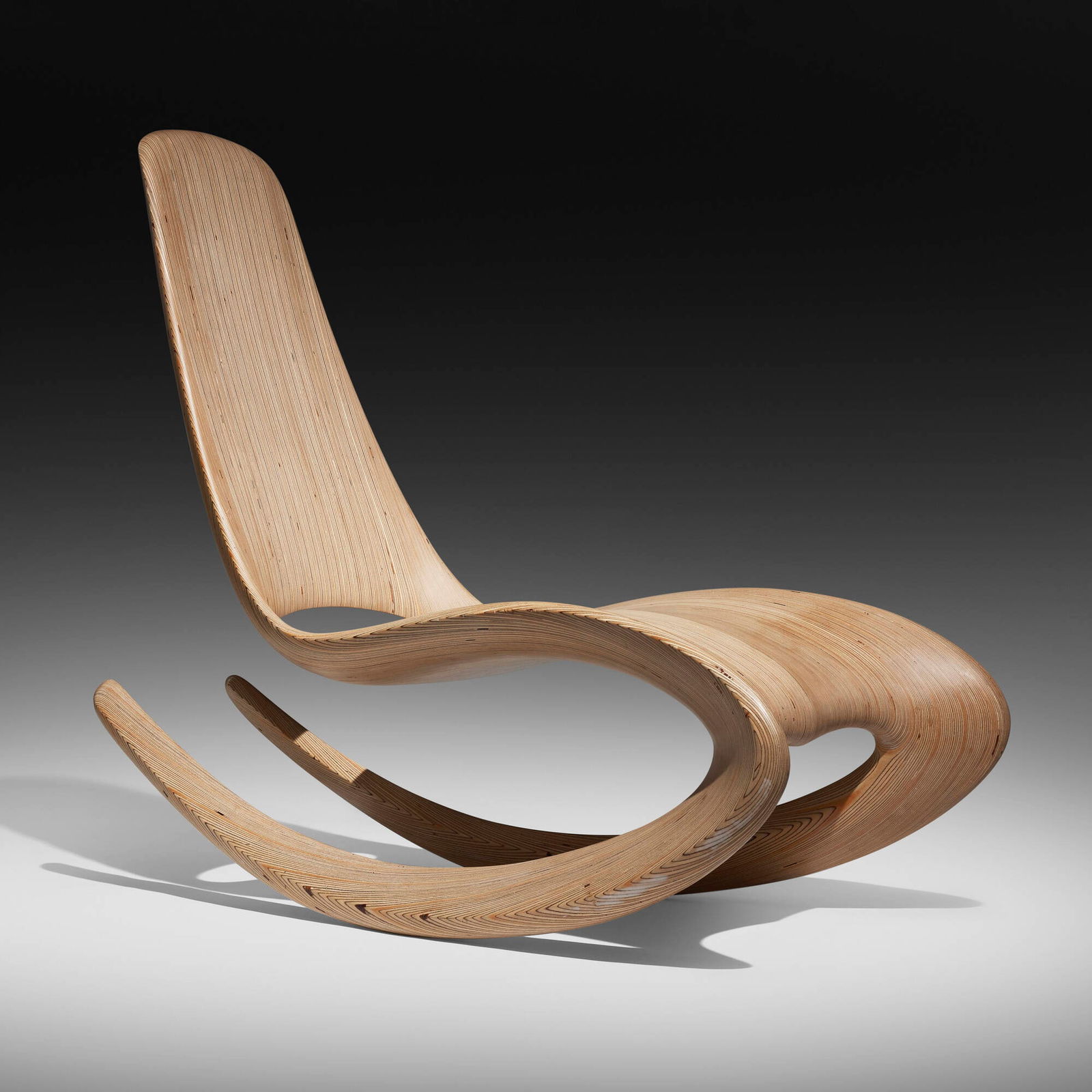 Carl Gromoll, Chaise rocker: Carl Gromoll Chaise rocker USA, 1990laminated birch plywood 43.5 h x 23 w x 49 d in (110 x 58 x 124 cm) Incised signature and date to underside 'Carl Gromoll 1990'. Provenance:<