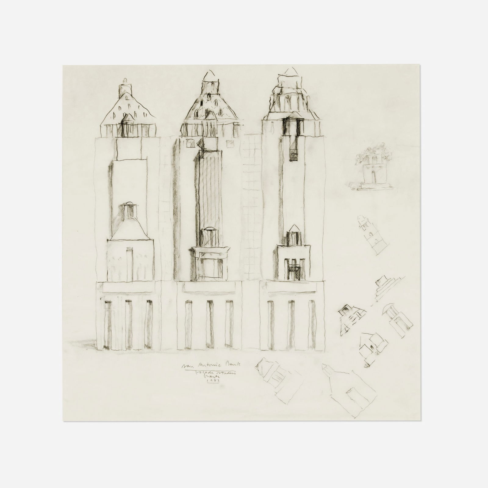 Michael Graves, Republic Bank Building and Texas Theatre, San Antonio facade studies: Michael Graves Republic Bank Building and Texas Theatre, San Antonio facade studies 1982pencil on tracing paper 18 h x 22 w in (46 x 56 cm) Signed, titled and dated to lower center 'San Antoni