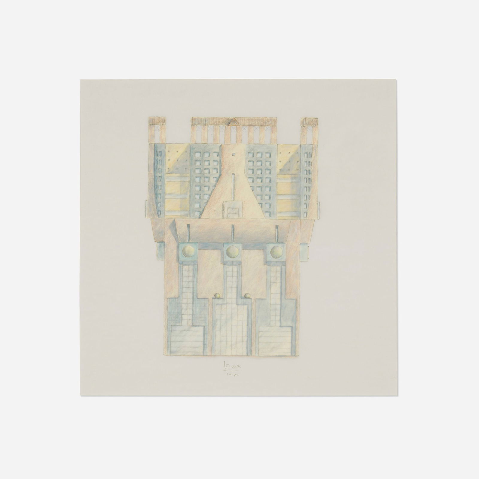 Michael Graves, Republic Bank Building and Texas Theatre, San Antonio elevation: Michael Graves Republic Bank Building and Texas Theatre, San Antonio elevation 1982pencil and colored pencil on tracing paper 18 h x 18 w in (46 x 46 cm) Signed and dated to lower edge 'Graves