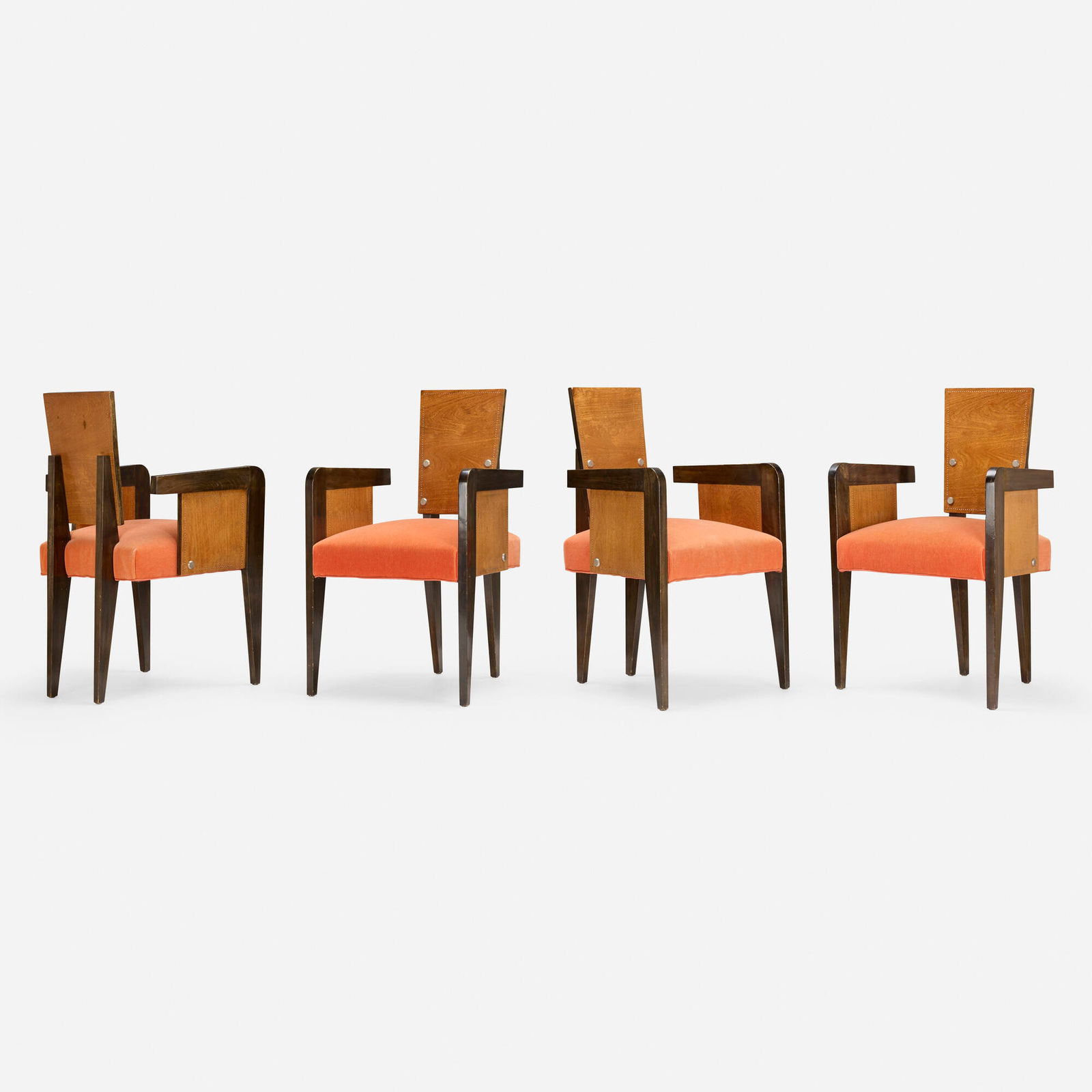 Andre Sornay, Armchairs, set of four: Andre Sornay Armchairs, set of four France, c. 1935mahogany plywood, stained beech, velvet upholstery, nickel-plated metal 21 h x 35 w x 20.5 d in (53 x 89 x 52 cm) Provenance: