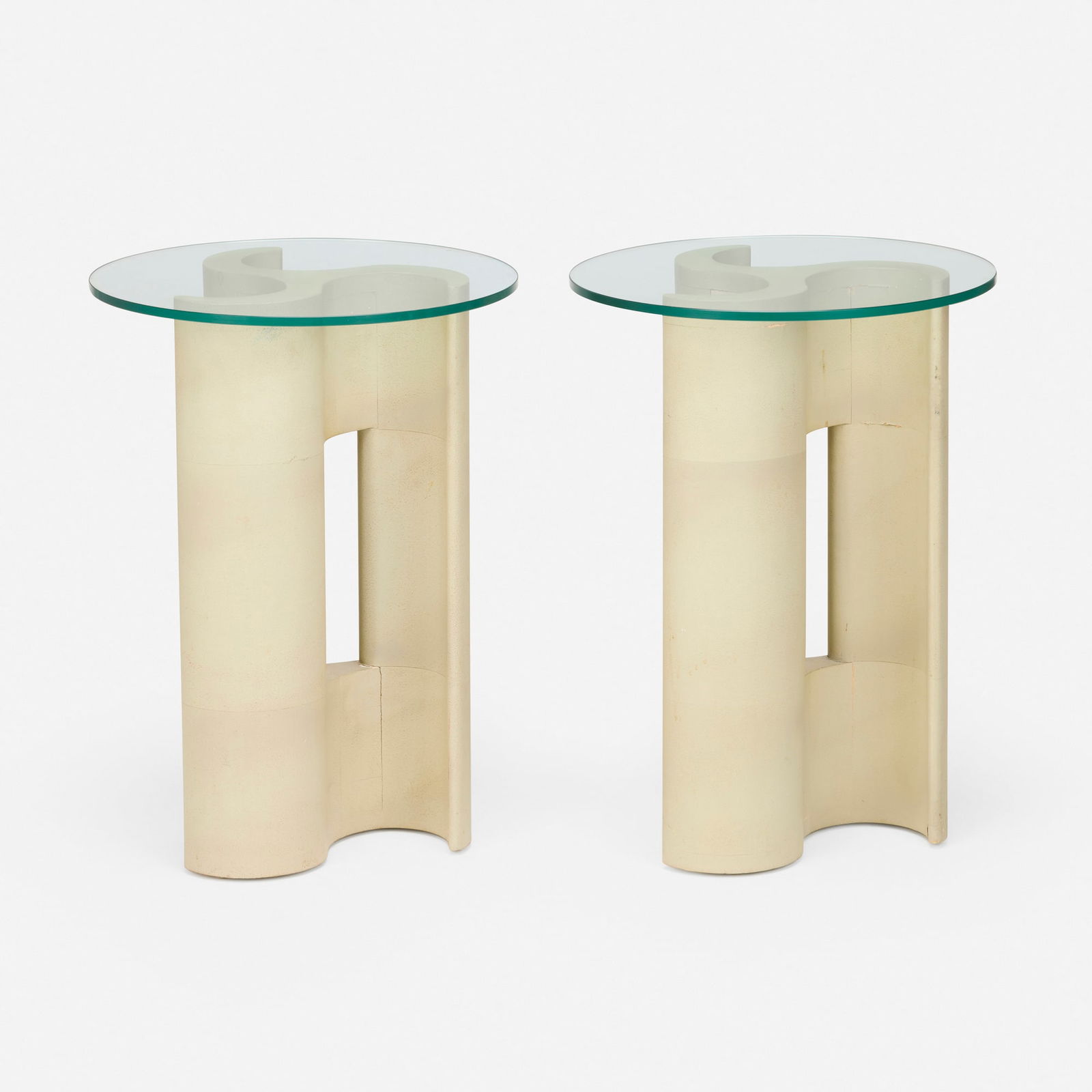 Samuel Marx, Pinwheel occasional tables, pair: Samuel Marx Pinwheel occasional tables, pair QuigleyUSA, c. 1950lacquered wood, glass 27.75 h x 20 dia in (70 x 51 cm) Provenance: Private Collection, New York