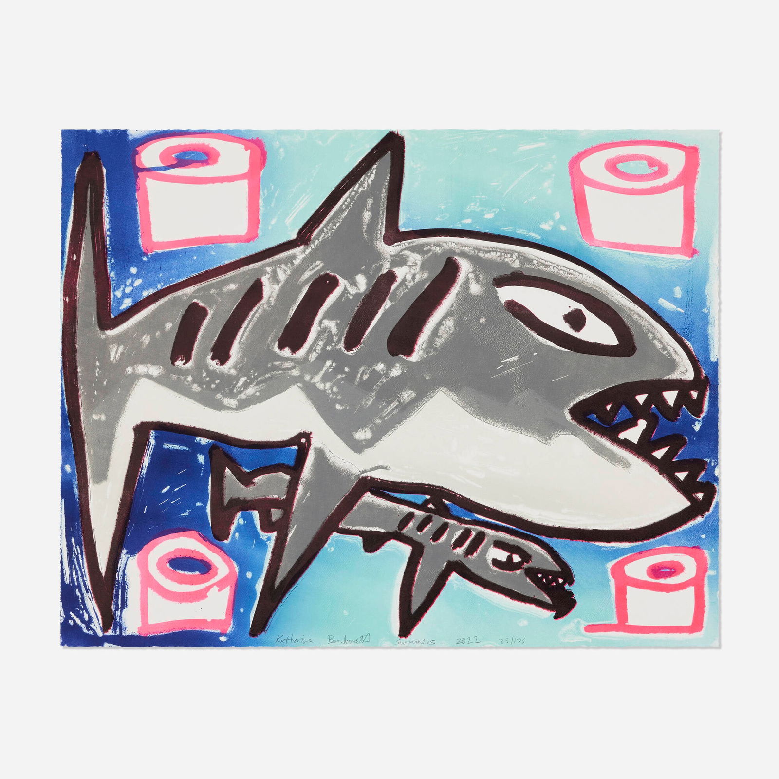 Katherine Bernhardt, Swimmers (from the Greenpeace 50 Years portfolio): Katherine Bernhardt Swimmers (from the Greenpeace 50 Years portfolio) 2022lithograph in colors 23.625 h x 29.875 w in (60 x 76 cm) Signed, titled, dated and numbered to lower edge 'Katherine B