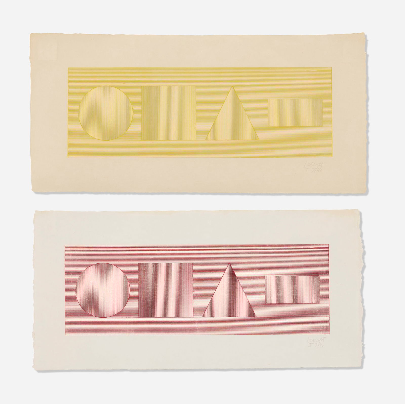 Sol LeWitt, Two works from Four Part Combinations of Geometric Figures in Four Colors (1 of 3)