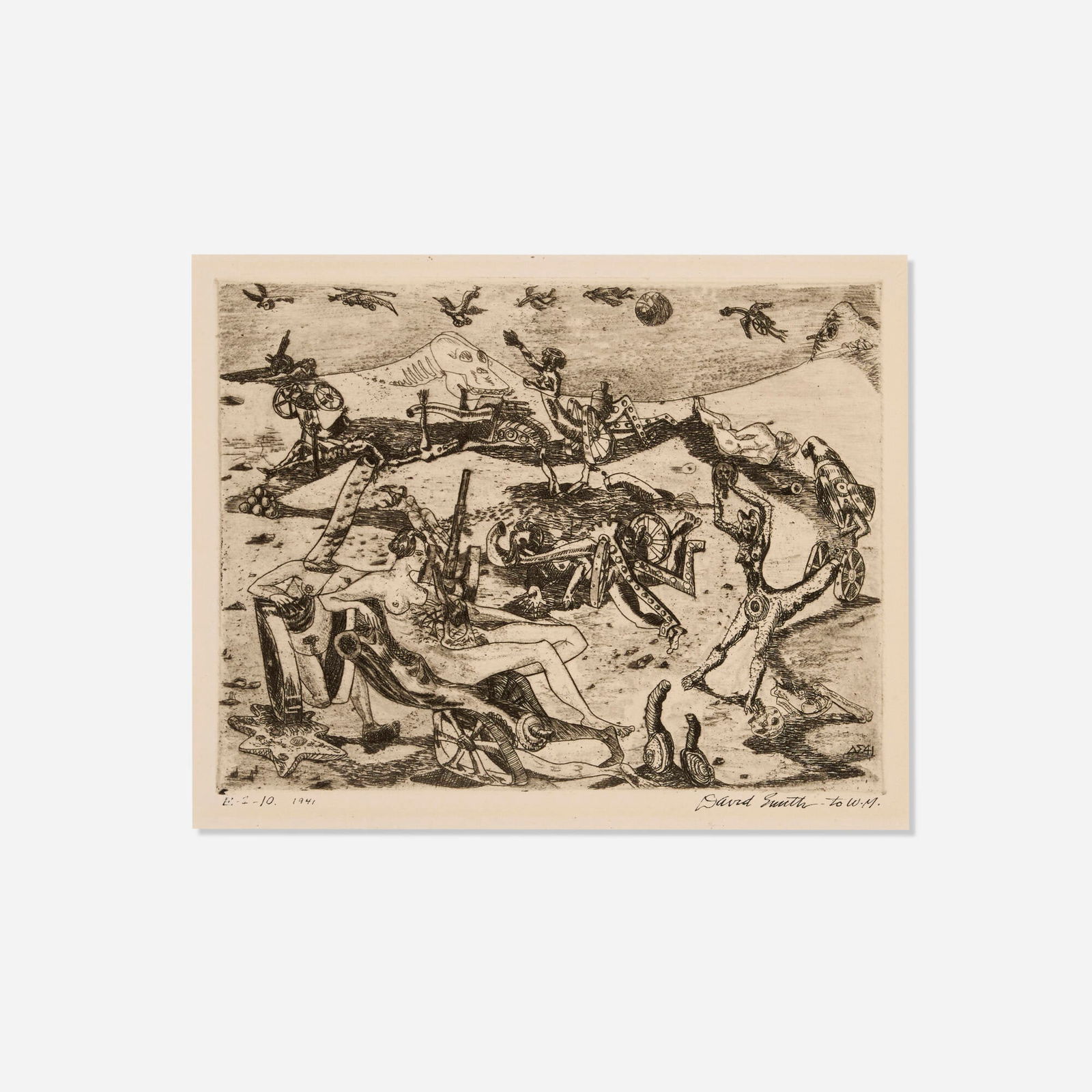 David Smith, Women in War: David Smith Women in War 1941etching on wove paper image: 6.75 h x 8.75 w in (17 x 22 cm) sight: 7.50 h x 9.375 w in (19 x 24 cm) Signed, dated and inscribed to lower edge 'E. 1-10 1941 Dav