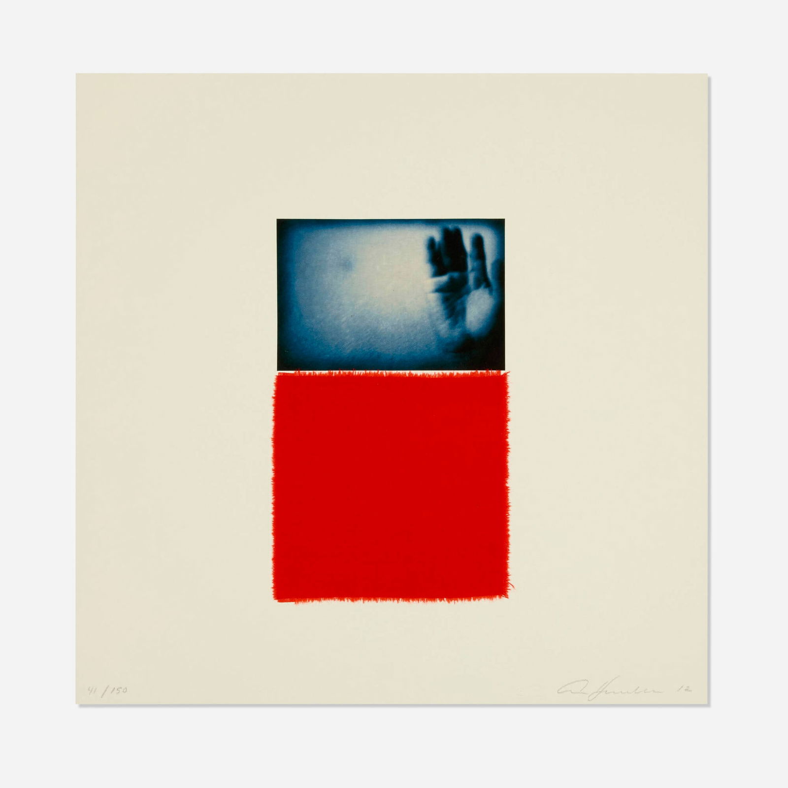 Ann Hamilton, Blue Victory: Ann Hamilton Blue Victory 2012inkjet print with fabric collage image: 8.5 h x 5.25 w in (22 x 13 cm) sheet: 14 h x 14 w in (36 x 36 cm) Signed, dated and numbered to lower edge '41/150 Ann