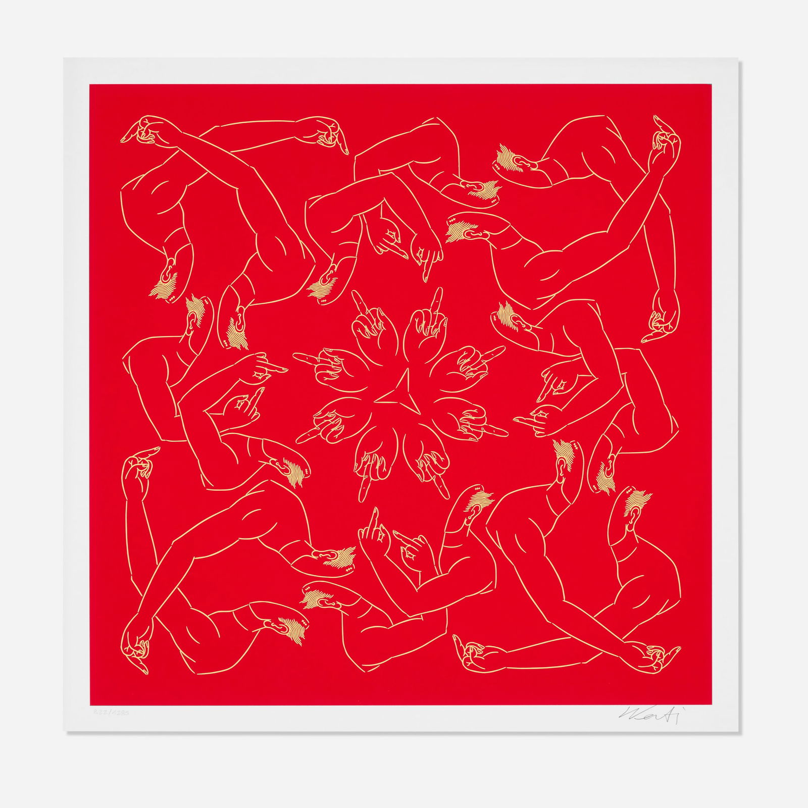 Ai Weiwei, Middle Finger in Red: Ai Weiwei Middle Finger in Red 2023screenprint in colors image: 21.625 h x 21.625 w in (55 x 55 cm) sheet: 23.625 h x 23.625 w in (60 x 60 cm) Signed and numbered to lower edge '822/1285 We