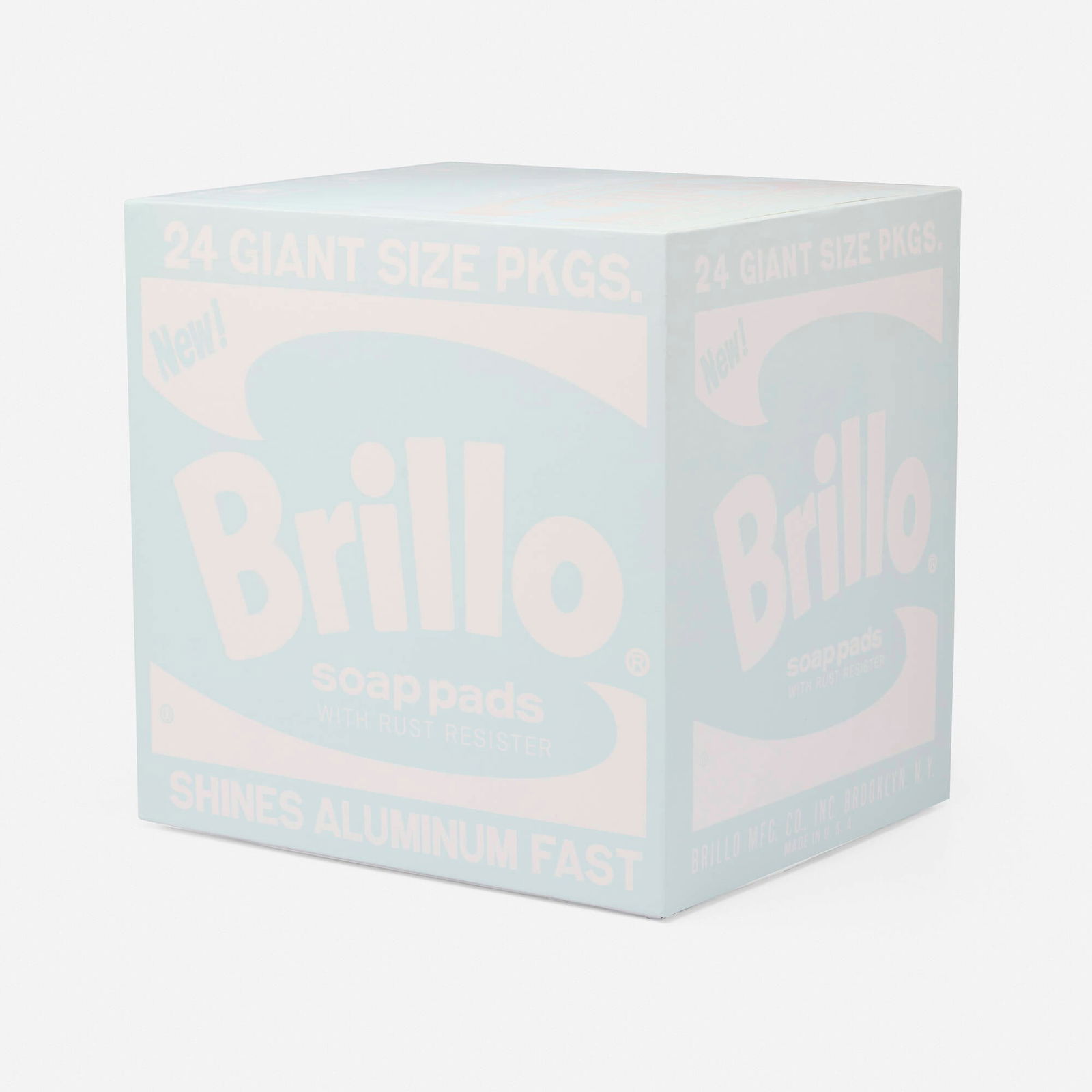 Daniel Arsham, Eroded Brillo Box (White): Daniel Arsham Eroded Brillo Box (White) 2020cast resin, quartz 11.375 h x 11.625 w x 9.25 d in (29 x 30 x 23 cm) Printed number on holographic decal label to box 'Certified Archive Edition 182