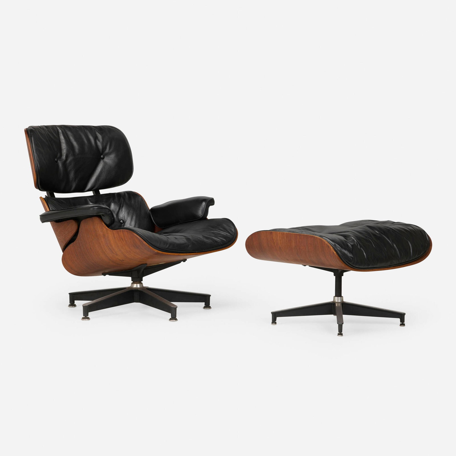Charles and Ray Eames, 670 lounge chair and 671 ottoman: Charles and Ray Eames 670 lounge chair and 671 ottoman Herman Miller USA, 1956 / c. 1960 rosewood, leather upholstery, enameled and brushed aluminum chair: 32 h x 33 w x 35 d in (81 x 84 x 89 cm)