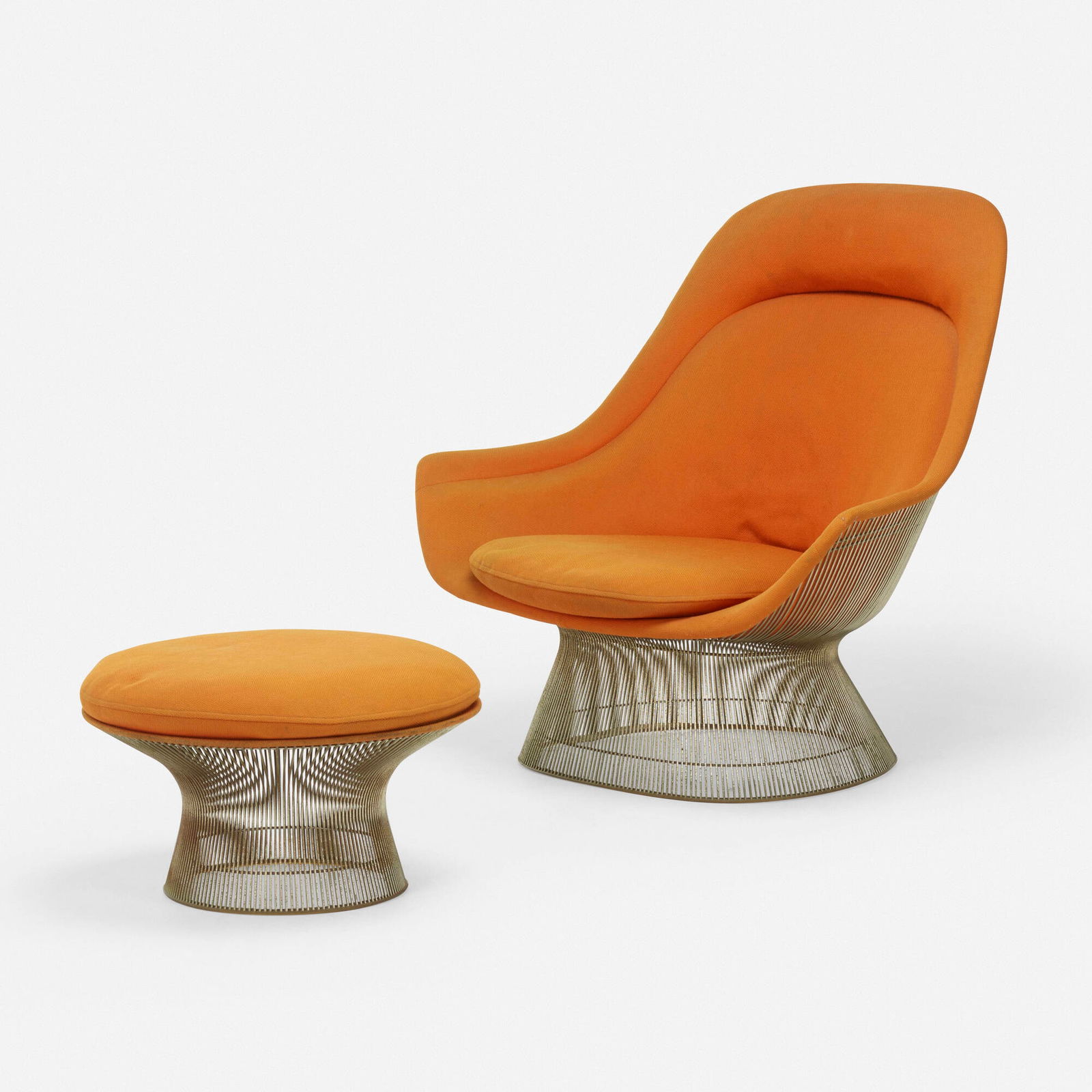 Warren Platner, Chair, model 1705 and ottoman, model 1709: Warren Platner Chair, model 1705 and ottoman, model 1709 Knoll InternationalUSA, 1966 / 1972upholstery, chrome-plated steel chair: 38.75 h x 40 w x 34 d in (98 x 102 x 86 cm) ottoman: 14 h x