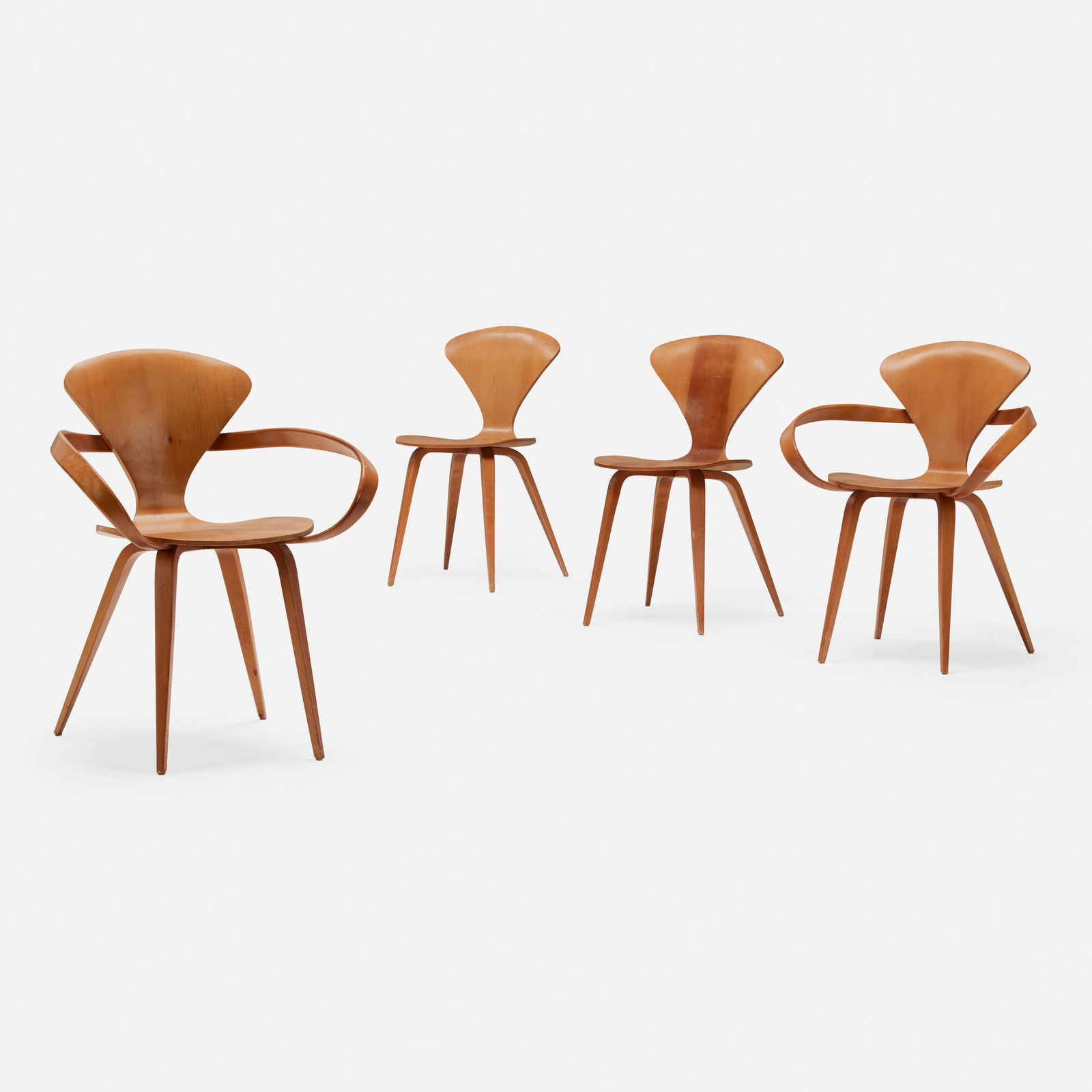 Norman Cherner, Dining chairs, set of four: Norman Cherner Dining chairs, set of four PlycraftUSA, 1958beech plywood armchair: 32 h x 25.5 w x 22.5 d in (81 x 65 x 57 cm) chair: 32 h x 17 w x 23 d in (81 x 43 x 58 cm) Set is co